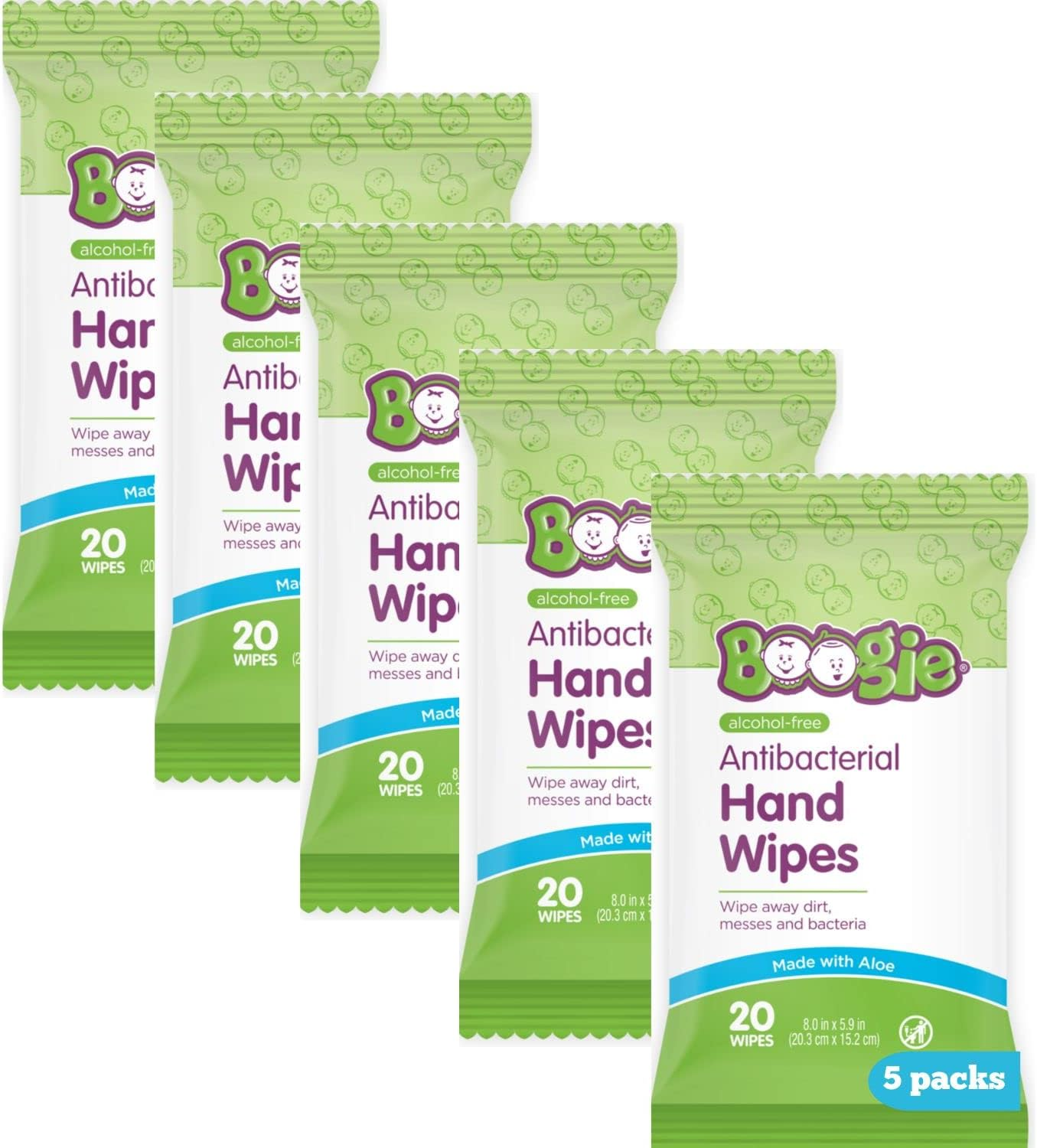 Hand Sanitizer Wipes by Boogie Wipes, Alcohol-Free, Hypoallergenic and Moisturizing Aloe, Boogie Hand Wipes for Adults and Kids, 5 Packs of 20&hellip; image number 2
