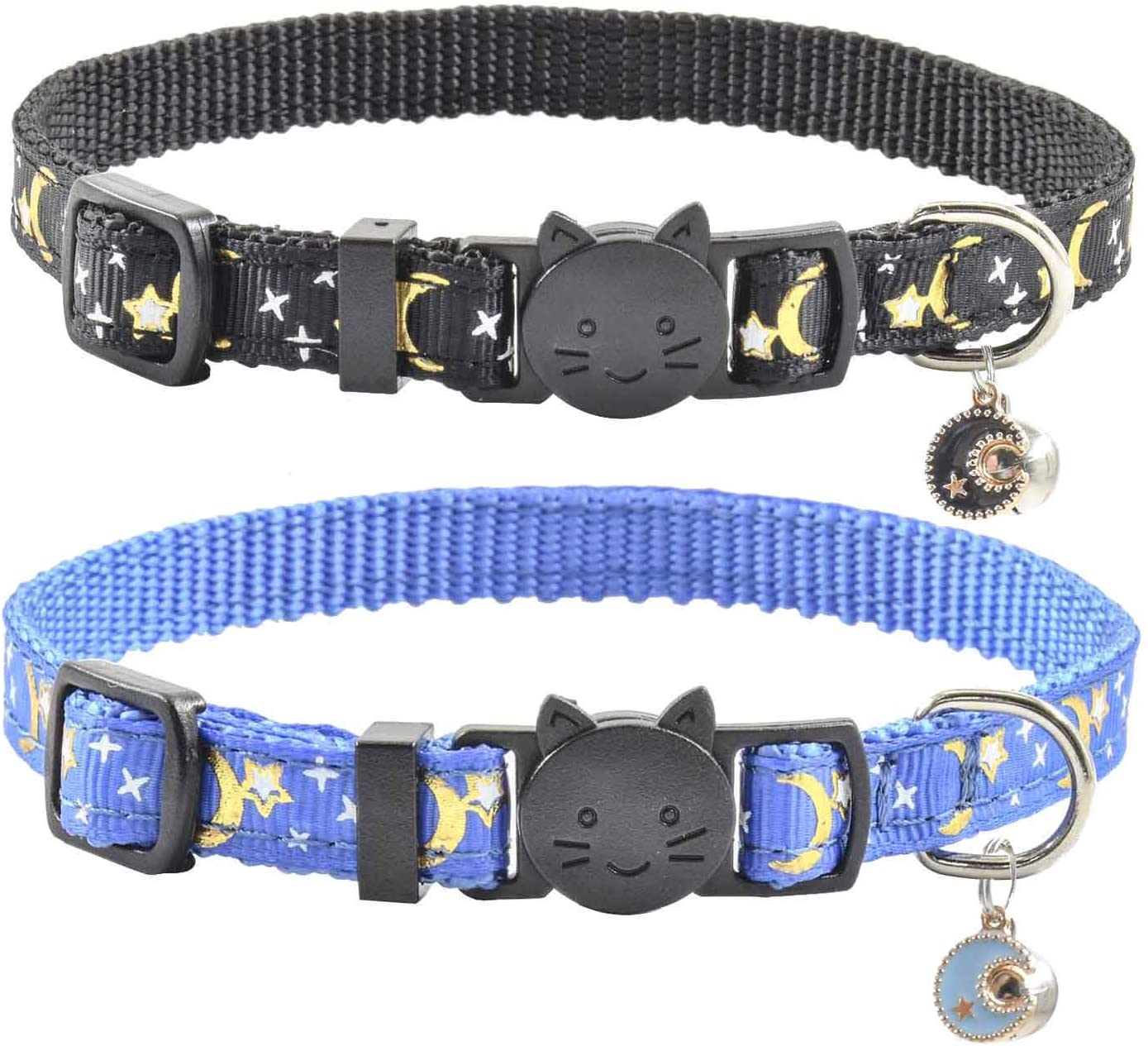 2 PCS Breakaway Cat Collar with Bell, Cute Adjustable Kitten Collars with Accessories (Blue Black)