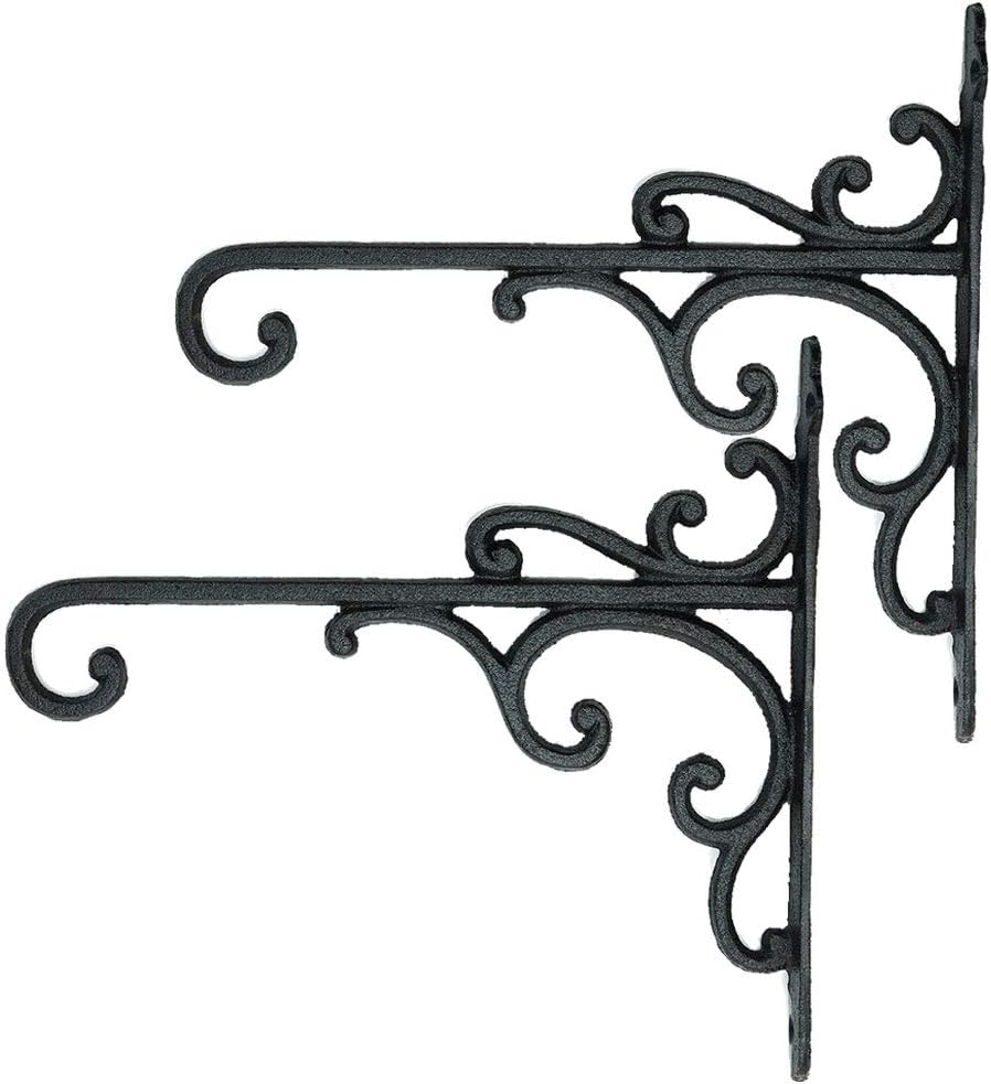 Sungmor Cast Iron Hanging Plant Bracket, 2 Pack Heavy Duty Hanging Basket Brackets, 10" Deep Outdoor Wall Plant Hangers, Decorative Garden Hooks for Flower Basket Bird Feeder Wind Chime Solar Light