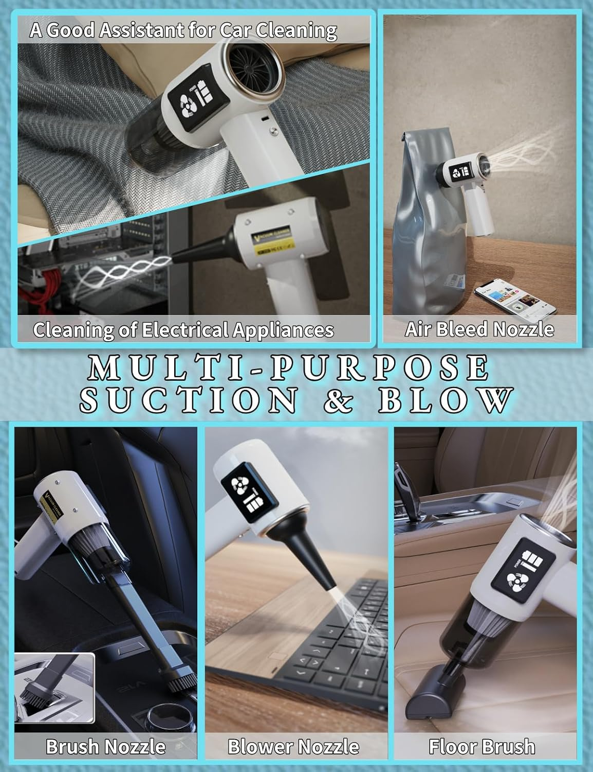 SLTLTD Car Vacuum Cleaner 22000PA - 5-In-1 Handheld with Compressed Air & LED Display | Portable for Car Accessories, Pet Hair, Home, Car Seat Cleaning (1, White) - Back image number 3