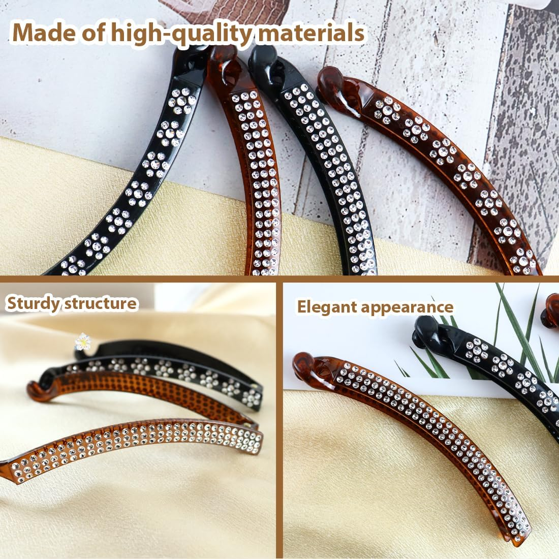 ARHZ 4 Hair Clips 11 Cm Plastic Banana Clip Explosive Black Hair Clip with Diamond, Japan and South Korea Simple Ponytail Clip, Vertical Plate Hair Clip image number 2