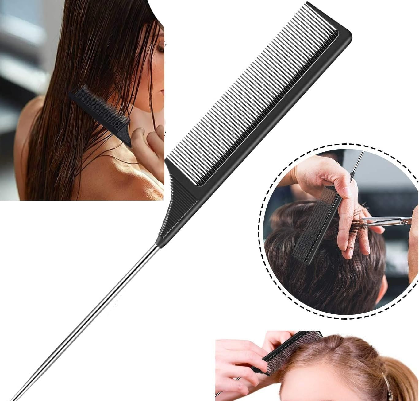 CJESLNA 6 Packs Rat Tail Combs Set,Heat Resistant Carbon Fiber Teasing Parting Hair Combwith Stainless Steel Pintail for Women Girls Braiding Hair Styling Tools (Black) image number 4