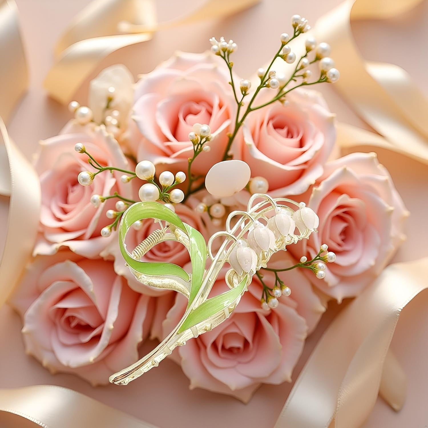 Pink Gold Lily of the Valley Flower Hair Clips, Claw Large Metal Claw Clip,Orchid Clamps,Lily Jaw Clamp Styling Accessories for Thick Thin Clips and Barrettes Hair Clips Hair Accessories Hair Care image number 2