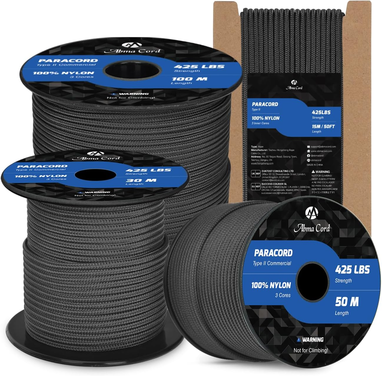 Abma Cord Paracord 3Mm 30M 100% Nylon Rope Type II 3 Strands Parachute Cord - Max. 192Kg (425Lbs) - White