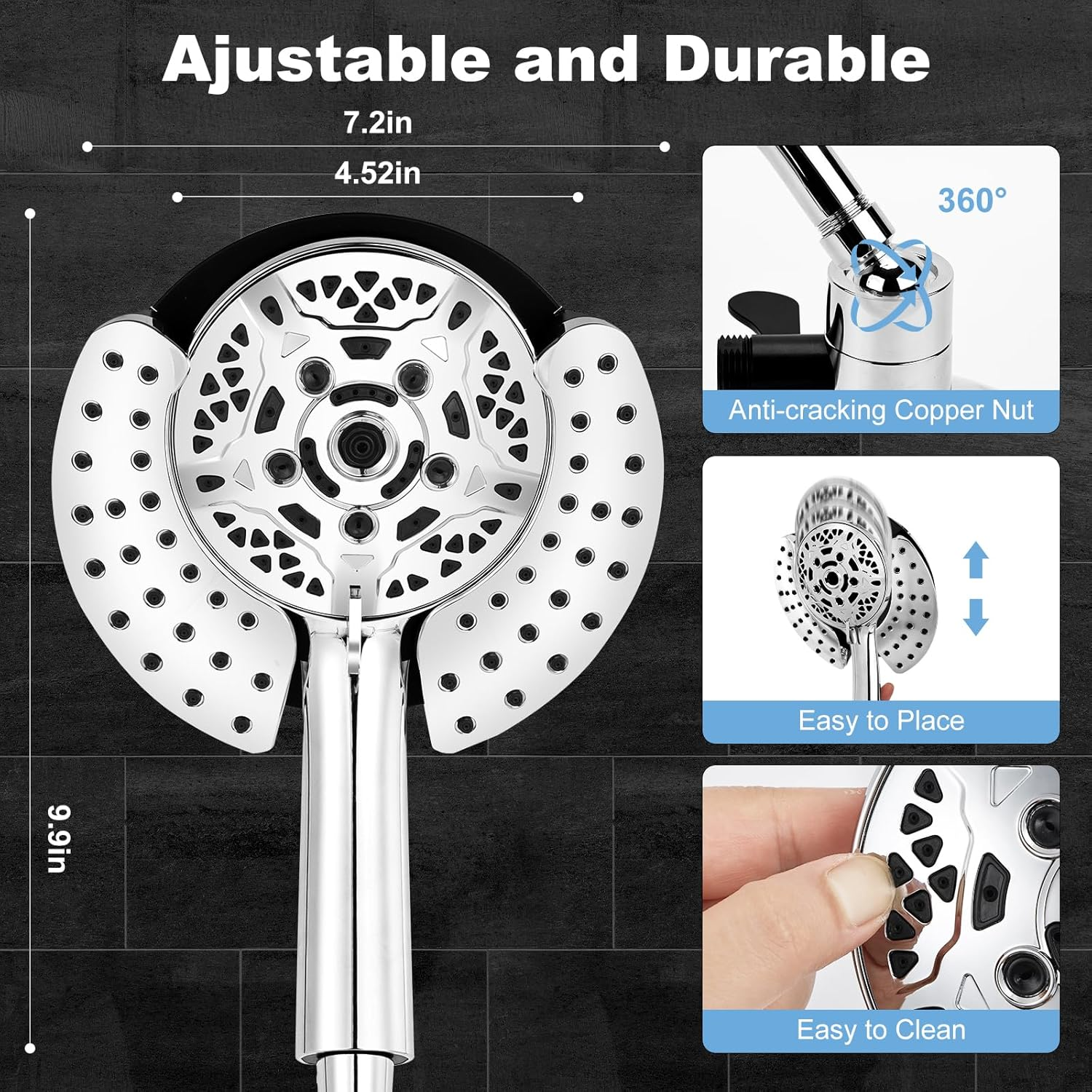 Liwcho Shower Head with Handheld Spray Combo, 2 in 1 Rainfall Shower Head with Handheld Combo High Pressure Shower Head, 9 Spray Modes/Settings Detachable Shower Head with 50 Inch Hose image number 3