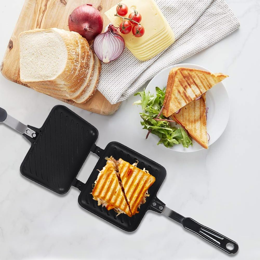 Lwuey Stovetop Sandwich Maker, Grilled Sandwiches Panini Maker Pan with Non Stick Plates Aluminum Flip Double Sided Pan Toasted Frying Pans Press Baking Pot Toaster Grilling Breakfast Home Kitchen image number 1