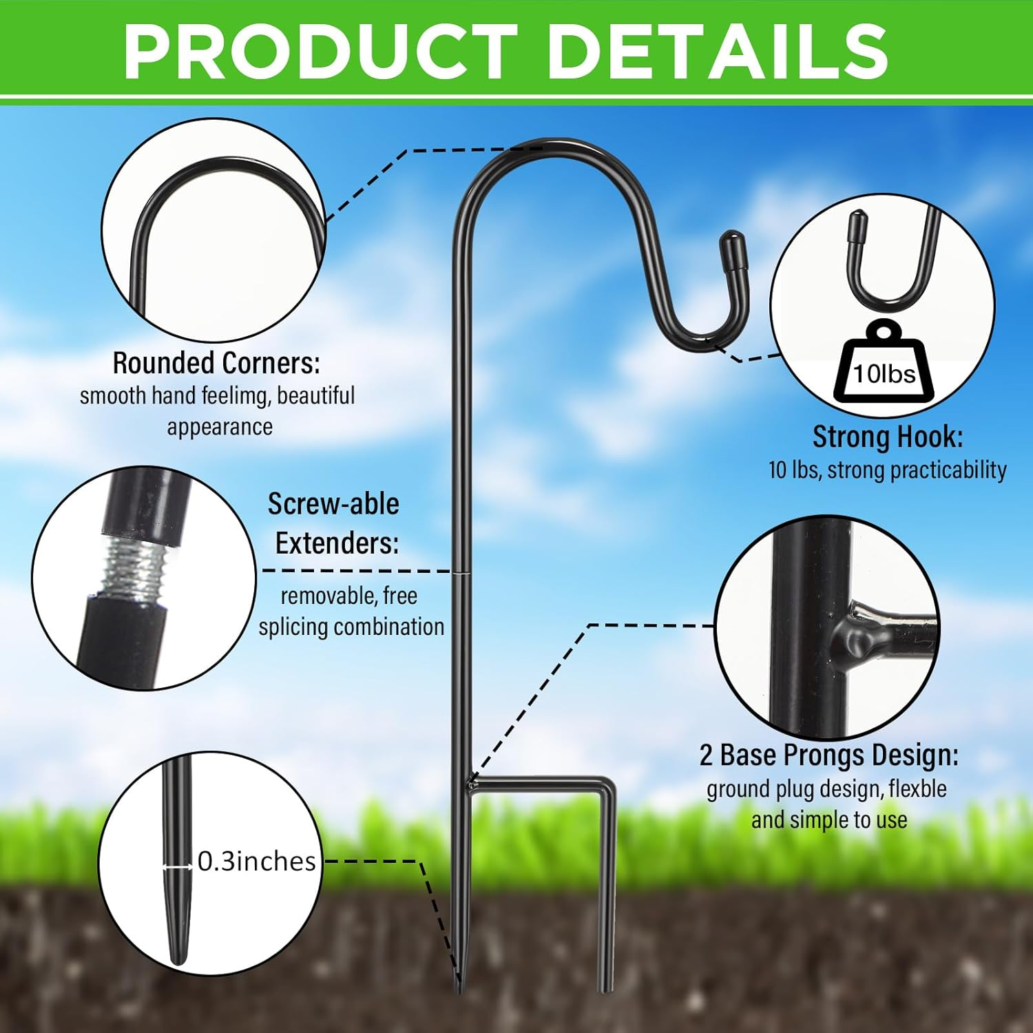 Hicarer 24 Pack 15 Inch Shepherds Hooks Outdoor Plant Hanger Hook Metal Black Garden Bird Feeder Pole for Hanging Solar Lanterns Flower Basket Jars Christmas Lights Wedding Decor image number 3