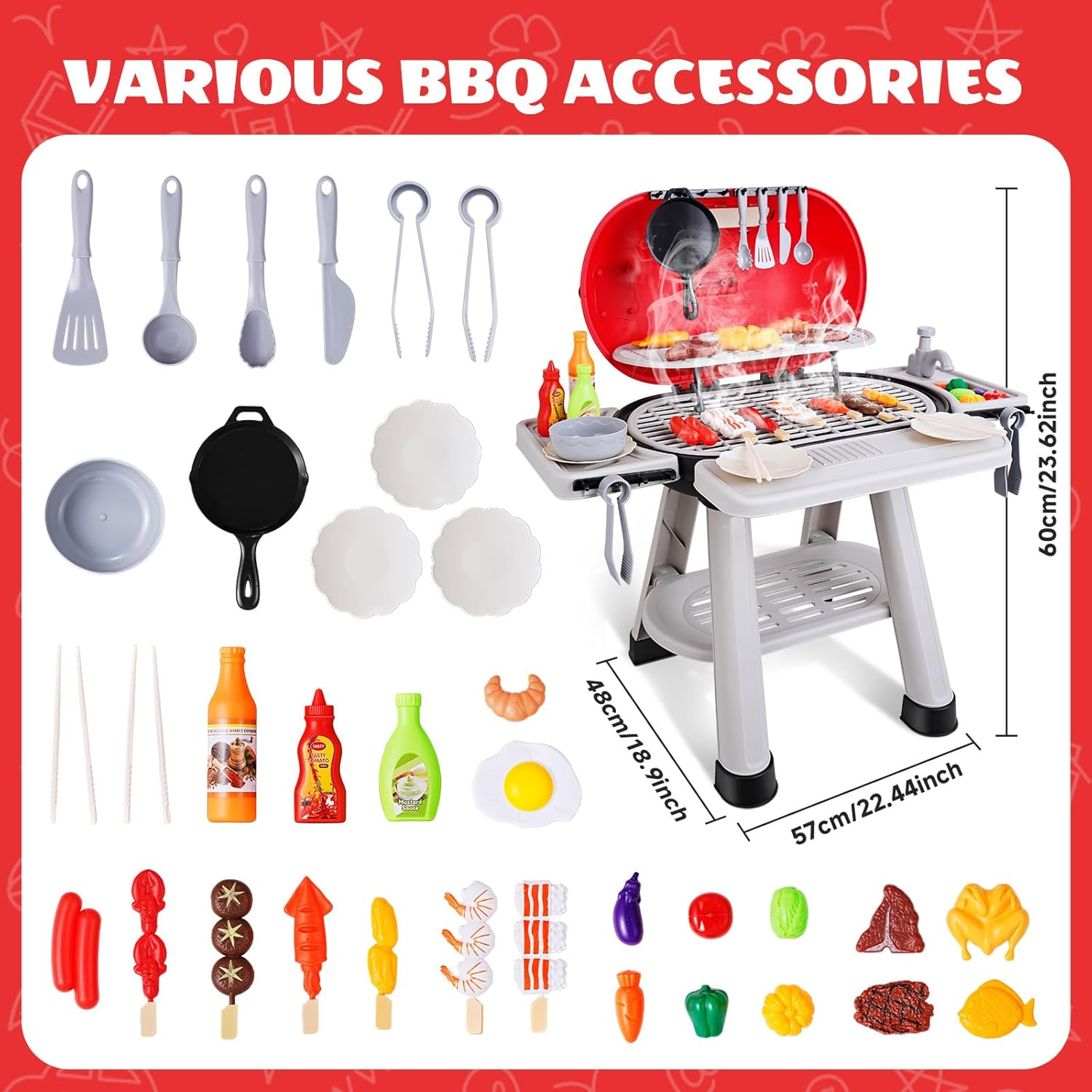 68 PCS Toy BBQ Grill Set, Cooking Toy Set, Kitchen Toy Set, Little Chef Cooking Pretend Play, Kids Grill Playset Interactive BBQ Toy Set Indoor Outdoor,Children'S Christmas Birthday Gifts image number 1