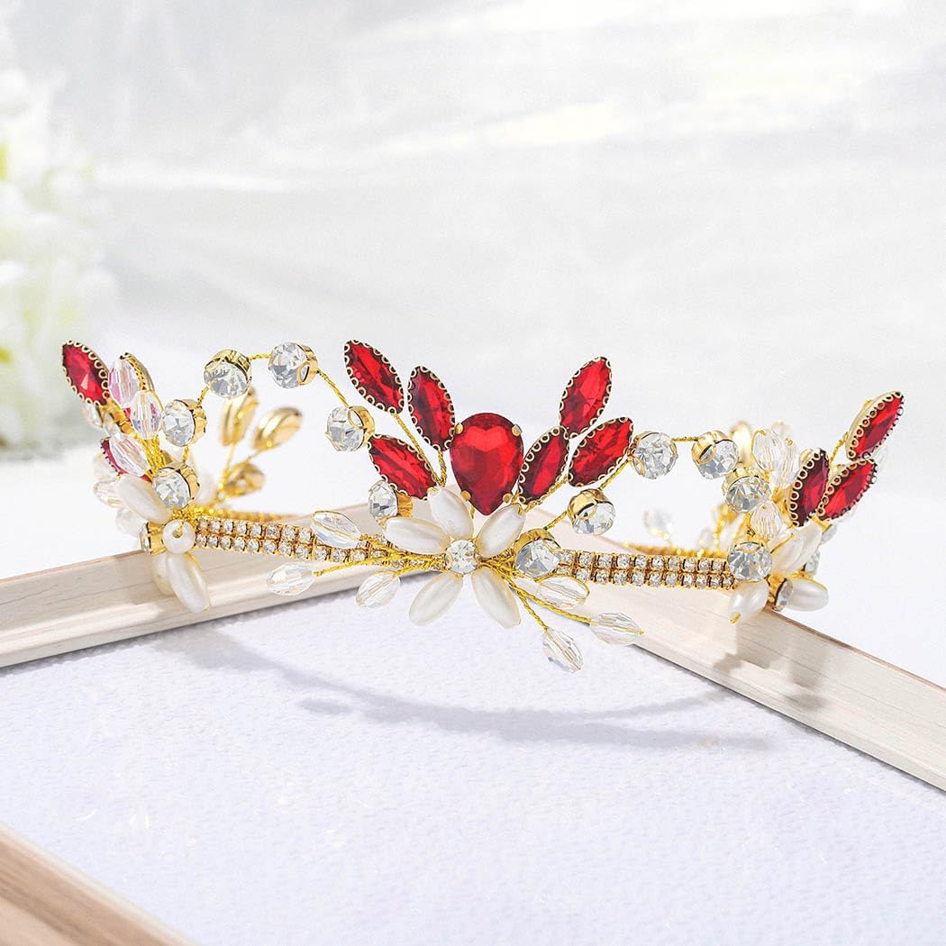 IYOU Princess Tiara Crown Red Rhinestone Crowns Pearl Jewellery Hair Accessories Birthday Party Christmas Headpiece for Women and Girls