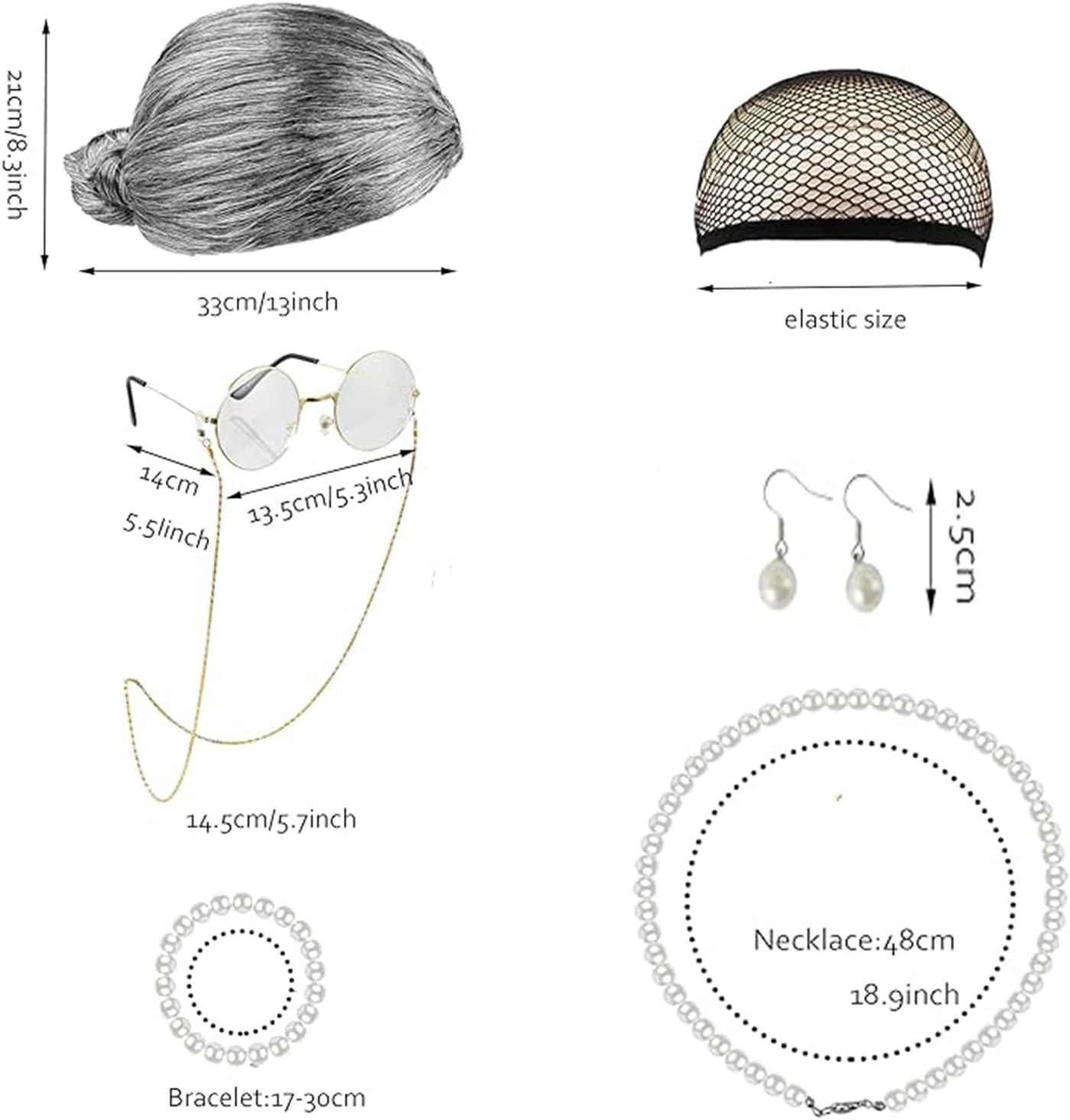 8 Pcs/Set Grandma Old Lady Dress up Set, Granny Costume Wig Adult Kid Halloween Masquerade Cosplay Party Witch Decoration Event (Dark Gray Bun) image number 1