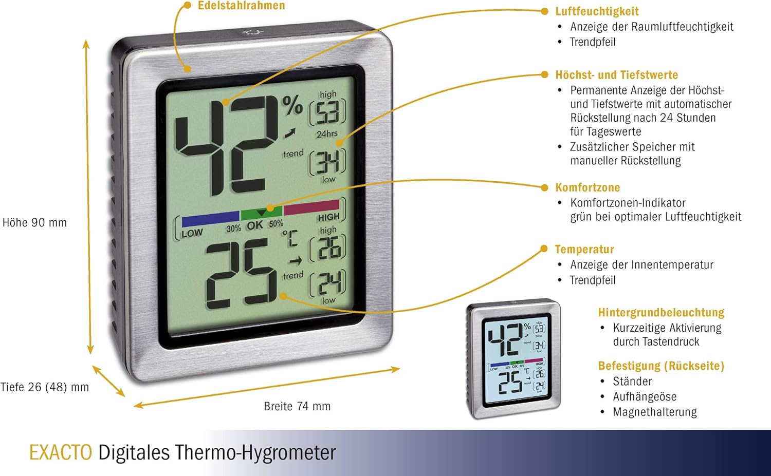 TFA Dostmann Exacto Digital Thermo-Hygrometer, 30.5047.54, Humidity, Temperature, Healthy Living Climate, Especially Accurate with Precision Sensor, L 74 X W 26 (48) X H 90 Mm image number 6