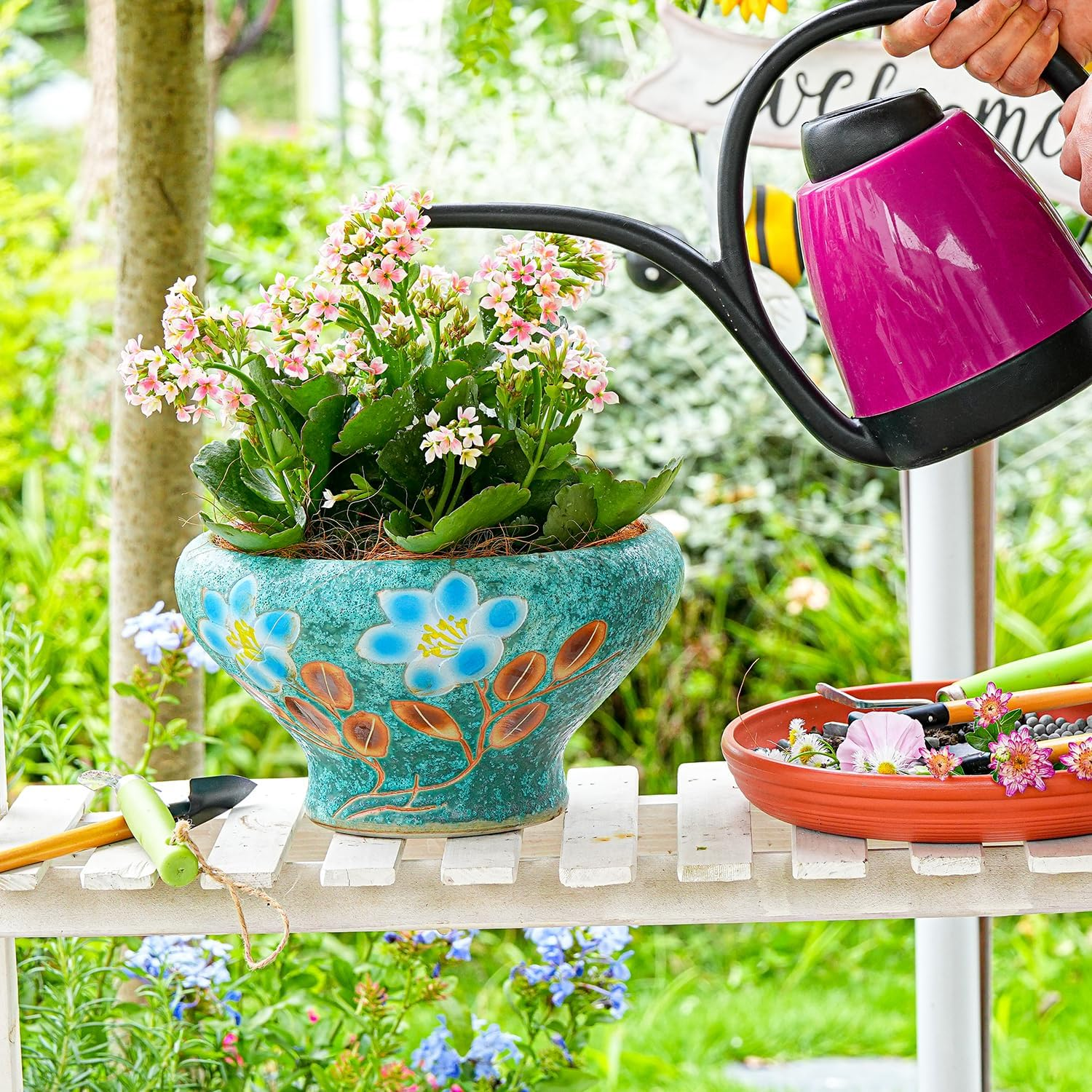 Sungmor Beautiful Handicrafts Ceramic Planters - 9.6 Inch Large Hand Painted Succulent Plant Pot with Drainage - Pretty Desktop Windowsill Landscape Flowerpot - Home & Office Decor Pots image number 6