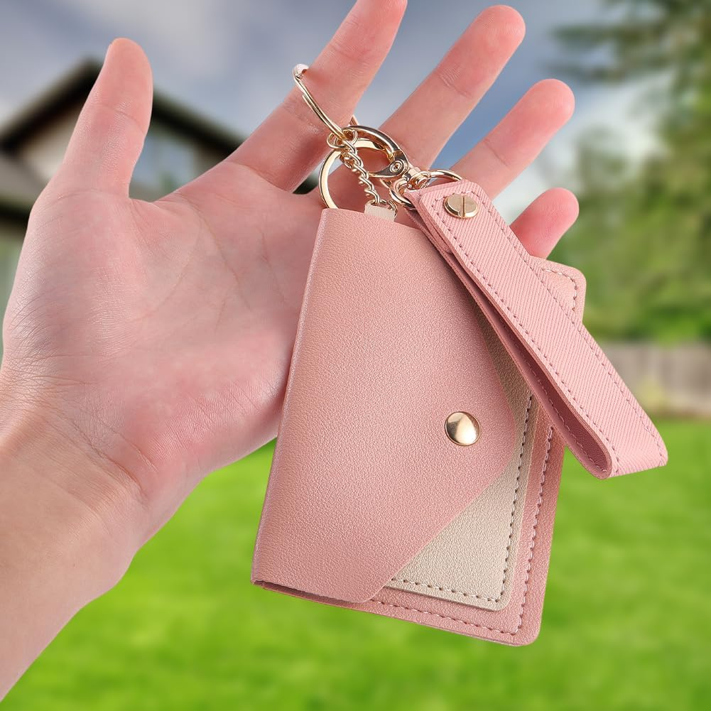 SUNNYCLUE 1 Box 2 Sets Pink Leather Wristlet Keychain Cute Key Chain Wallet Cute 2Pcs Wrist Landyard Strap 2Pcs Card Bags Hloder Keyring for Women Purse Car Fob Door Keys Accessories Adults No Lost image number 6