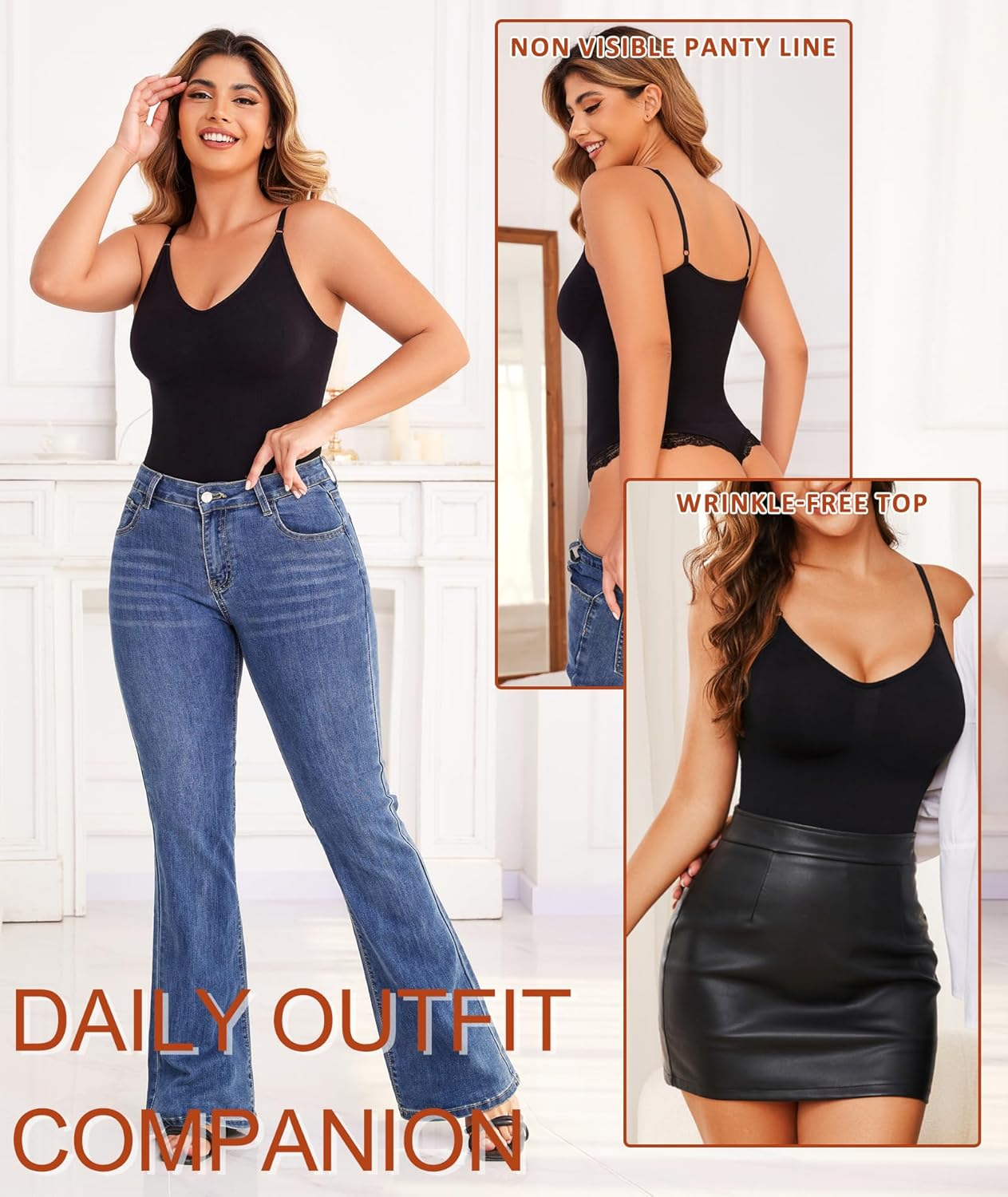 SURE YOU like Shapewear Bodysuit for Women Sexy Lace Trim Thong Seamless Slimming Full Body Shaper Sleeveless Leotard image number 4