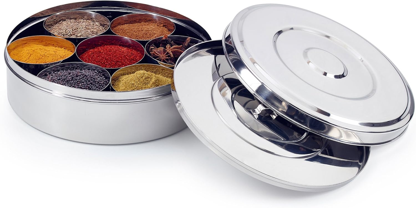 7116 Spice Box/Masala Dabba with 7 Comparments and 2 Stainless Steel Lid, 22 Cm, Silver - 22 Cm, Transparent Lid image number 5