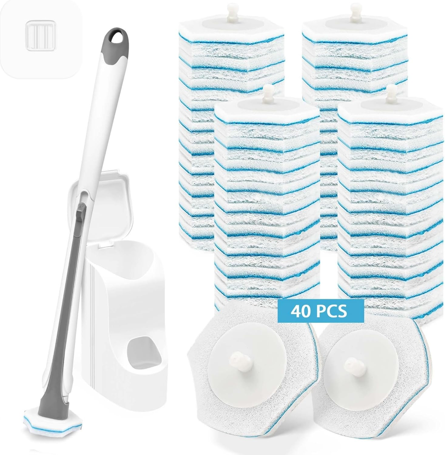 Disposable Toilet Brush and Cleaner Wand Set, Including 40 Refills, Features Wall-Mounted Long Handle and Compact Holder for Sink Bathtub Wash Basin Mop Pool image number 1
