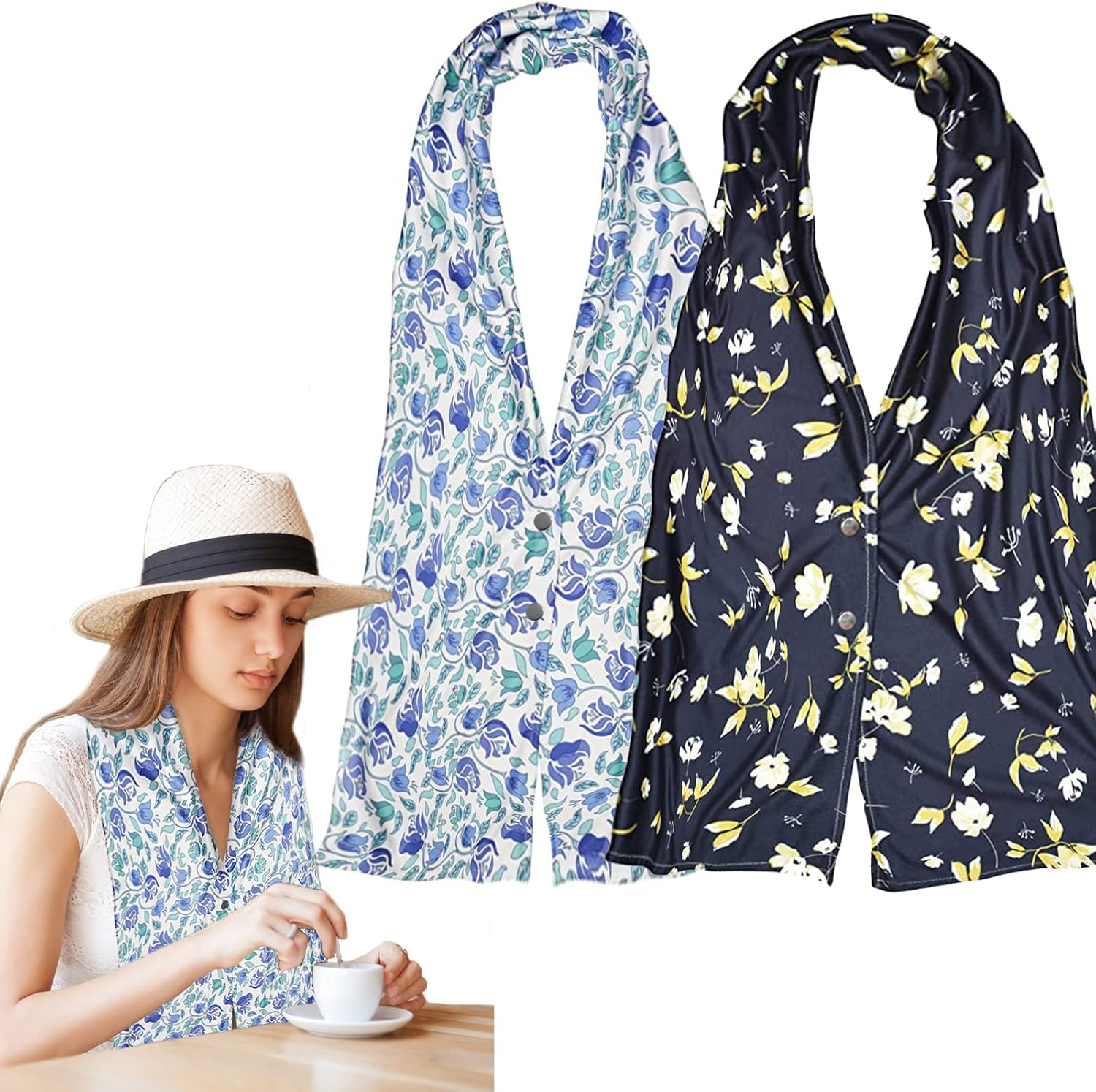 VOPHIA 2 Pack Women Bib Dining Scarf Washable Microsuede Food Clothing Protectors Floral Dining Mouth Towel Scarf