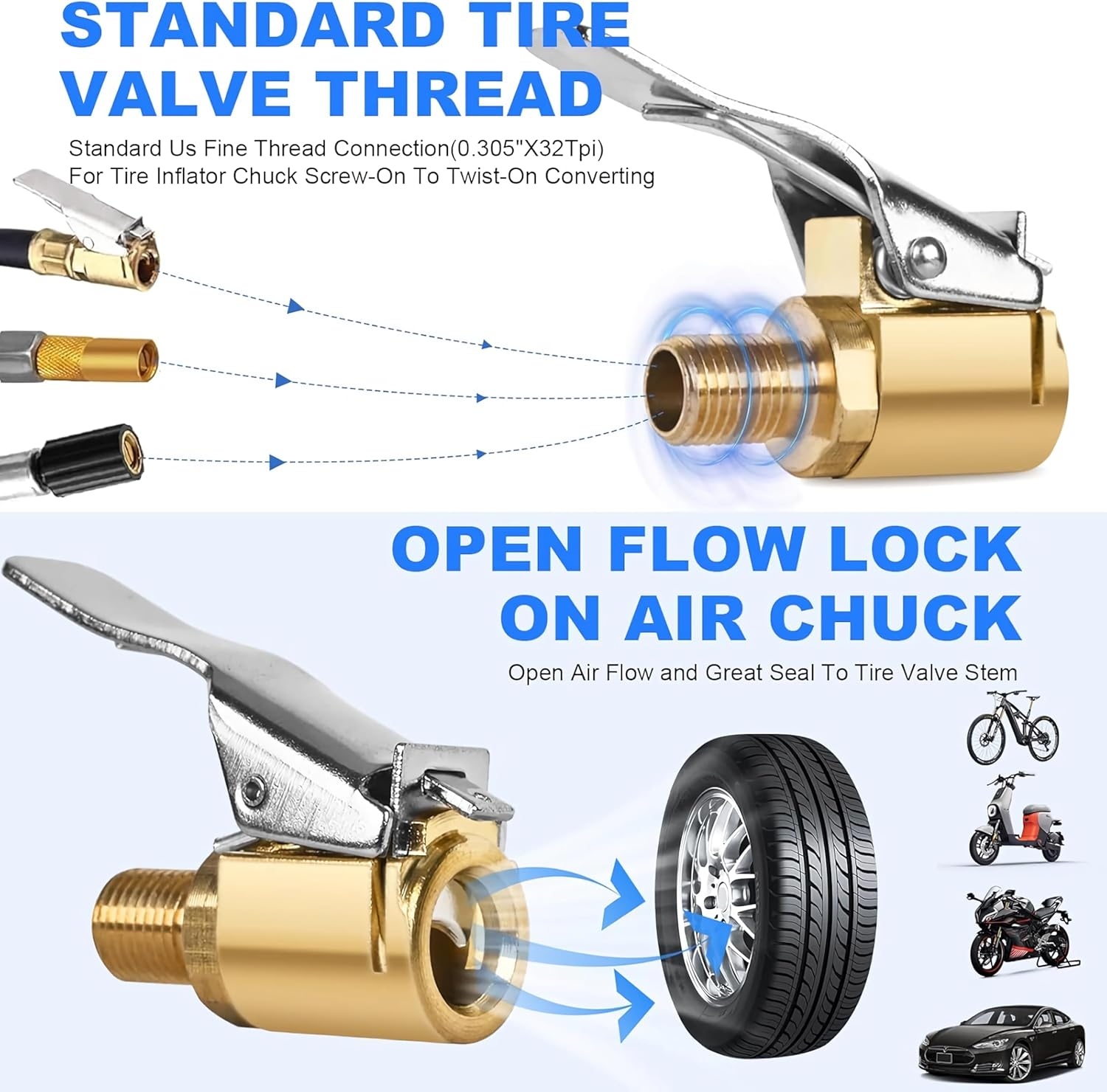 2Pcs Locking Tire Inflation Chuck, Brass Threaded Tire Inflation Hose Adapter, Leak-Free Tire Chuck, Vehicle Inflation Device Compressor Pump Connection Accessory Tool image number 2