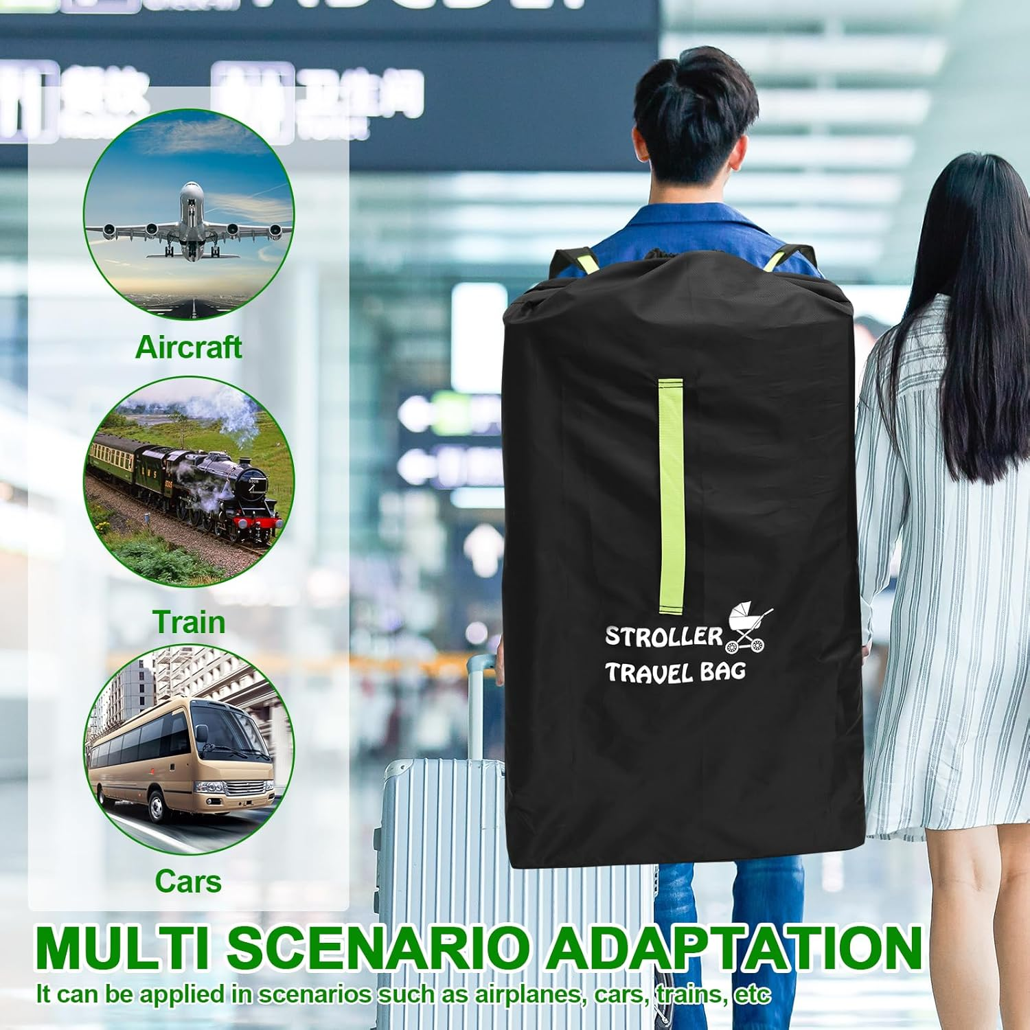 Stroller Bag for Airplane Travel Waterproof Oxford Cloth Baby Car Seat Travel Bag with Adjustable Shoulder Strap Fit Convertible Car Seat, Gate Check Bag Cover for Airplane (Black- 1Pack) image number 3