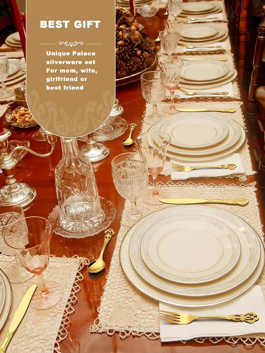 SHEUMNT Retro Gold Silverware Set for 4, Gorgeous 20 Pieces Stainless Steel Golden Flatware Set, Service for 4, Anti-Rust Dark Utensils Fork Spoon Knife, Antique Baroque Cutlery Set - Silver image number 7