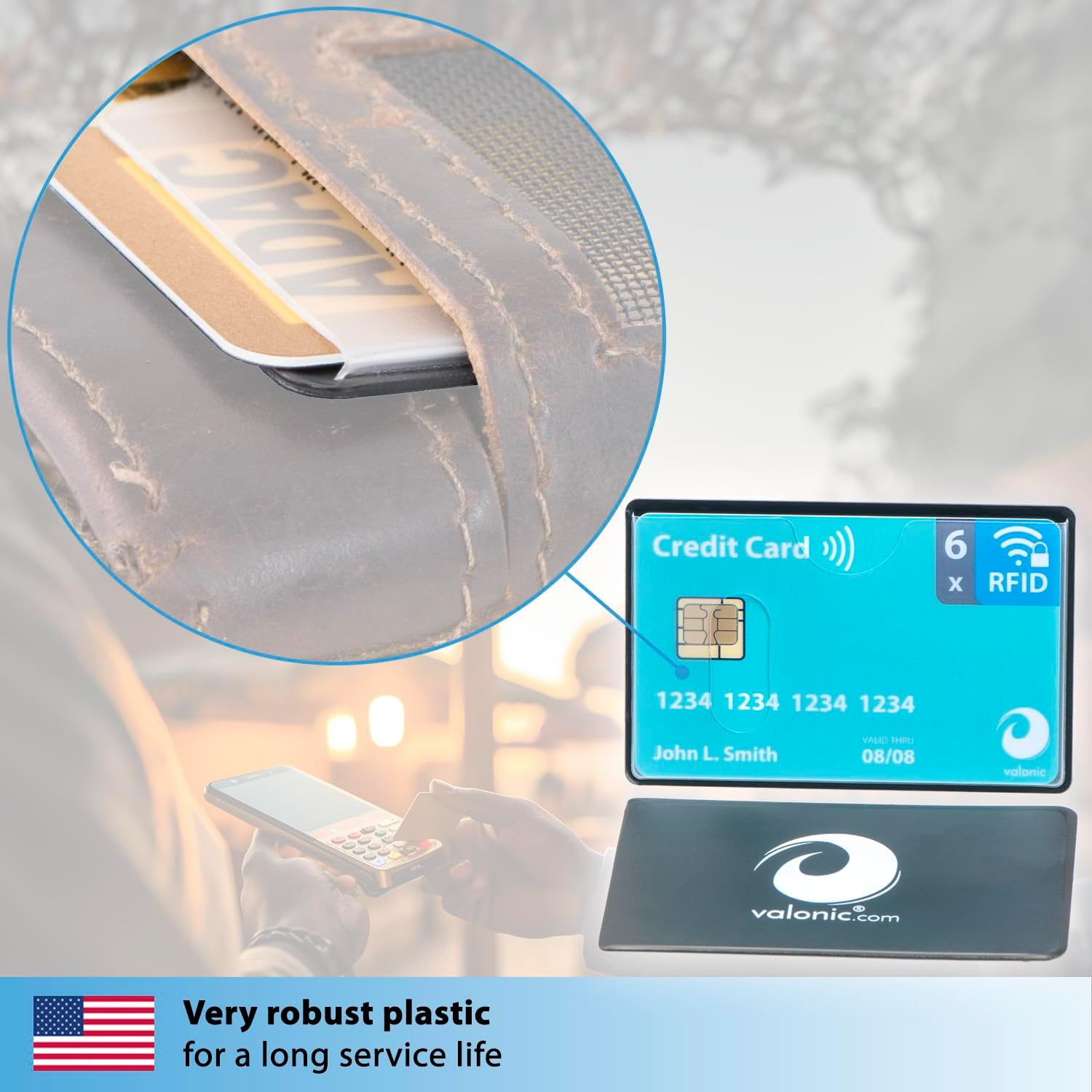 Valonic Set of 6 RFID Blocking Sleeves - Insertion from the Top, Credit Card Protector Sleeve for Wallet - Protection Block for Debit Card and Metro Card, Black/Transparent, 6 Pieces, Minimalist image number 1