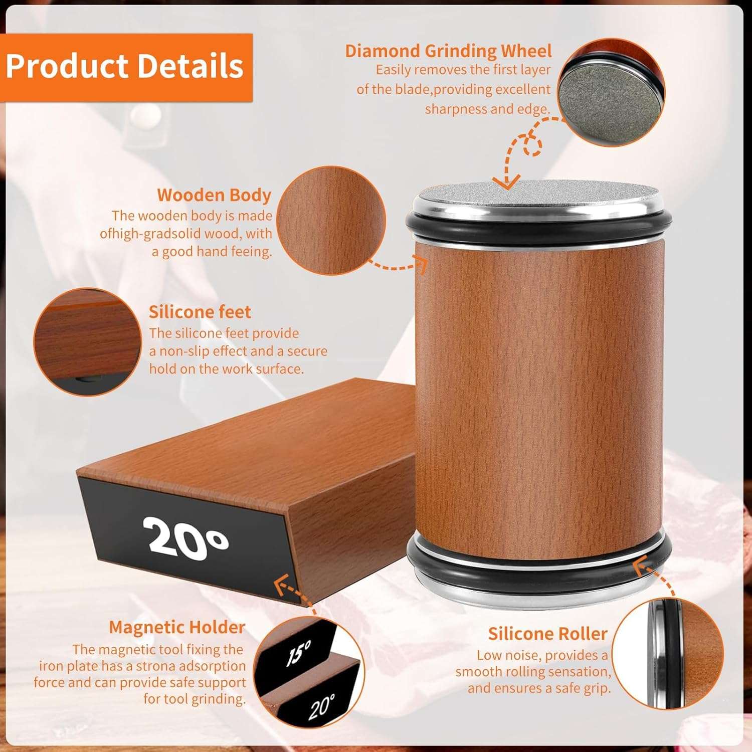 Rolling Knife Sharpener, Straight Edge Rolling Knife Sharpener Set, Kitchen Knife Sharpening Tool, Rolling Knife Sharpener Tool for Kitchen Knives, Provides 15-20 Degree Sharpening