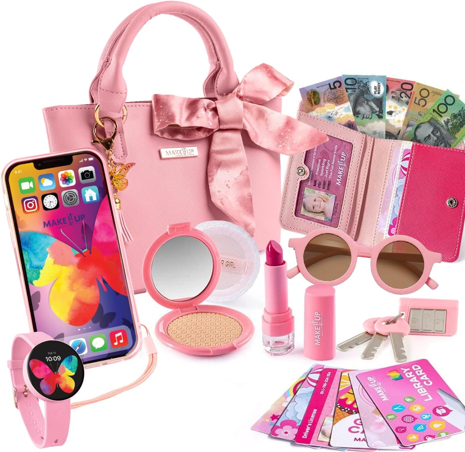 Pretend Play Kids Purse and Makeup Toy with Princess Pretend Makeup Smartphone Wallet Keys Credit and VIP Cards (Australian) image number 3