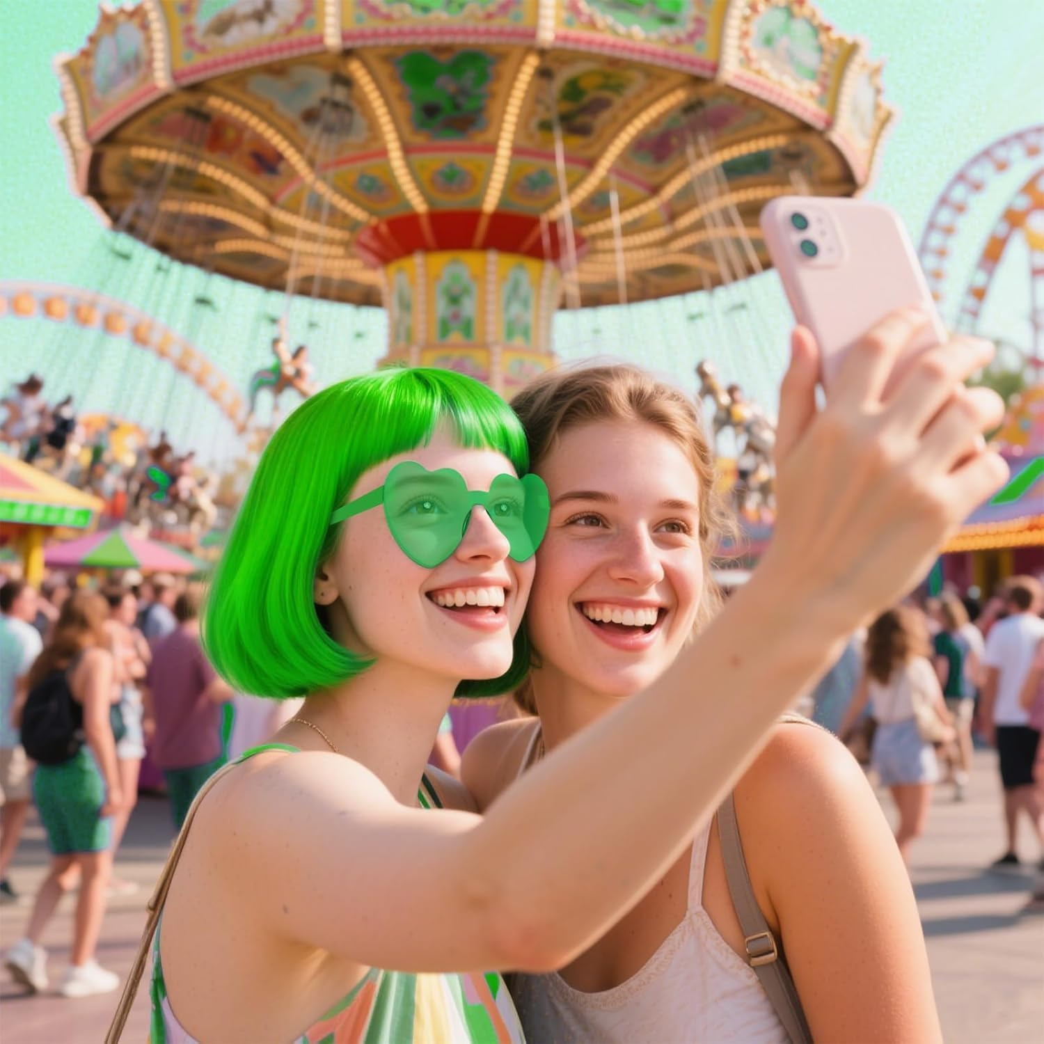 Green Bob Wig, Green Wigs for Women with Double Heart Sunglasses and W-Ig Net Bag,Colourful Wig Perfect for Cosplay, Party, Hall-Oween,Fashionable and Comfortable