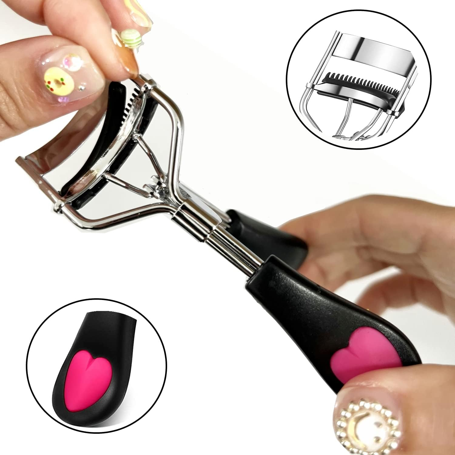 Stainless Steel Eyelash Curler with Built-In Comb Pinch Pain-Free Suitable for Any Eye Shapes and Sizes, with 5 Silicone Refill Pads (Black&Peach Heart) - Black image number 2