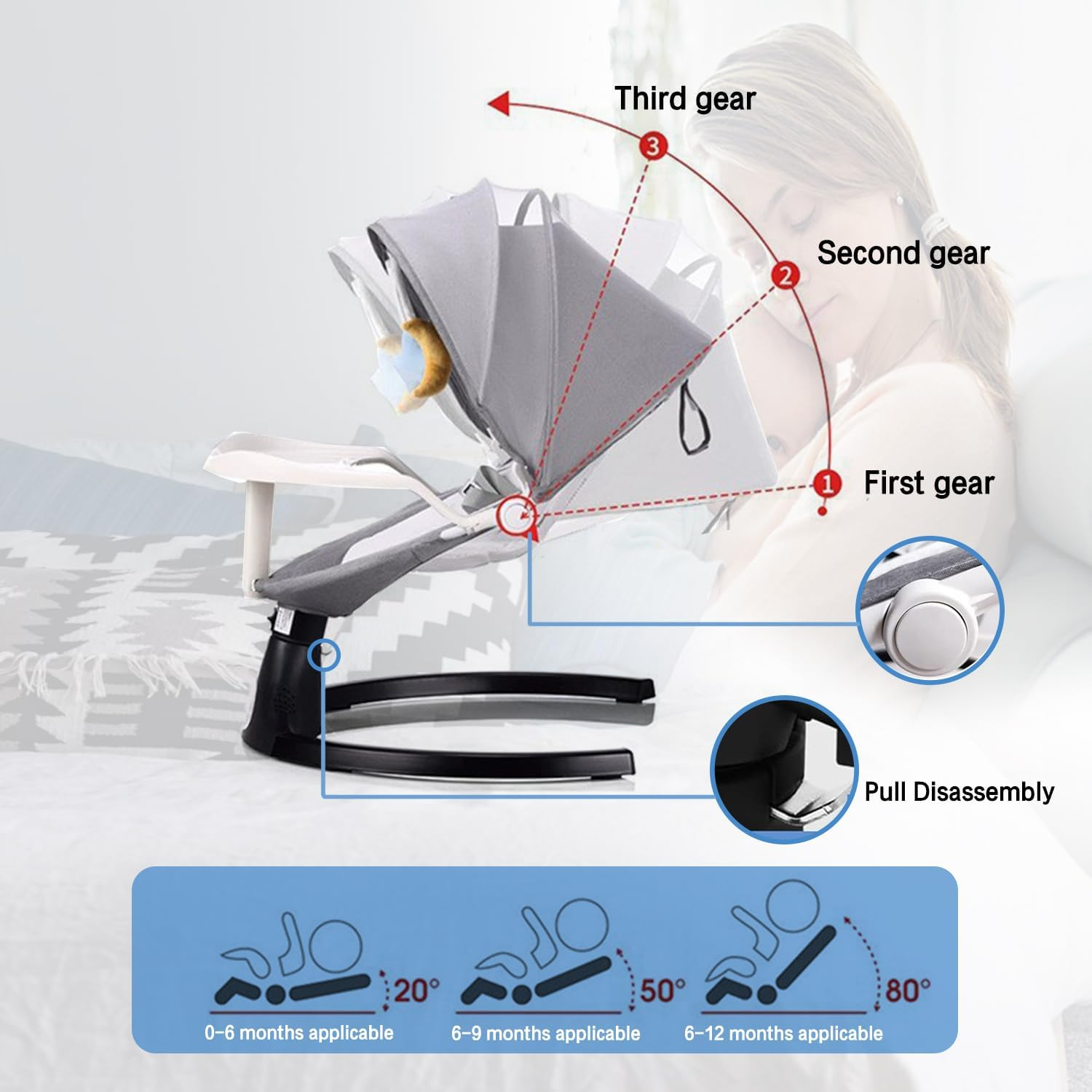 Baby Swing for Infants, Portable Baby Rocker with Tray and Remote Control 5 Speed Electric Bluetooth for 5-26 Lbs, 0-12 Months,3 Timer Settings & 10 Pre-Set Lullabies Adjustable Rocking Bouncer Chair (Light Gray) image number 2