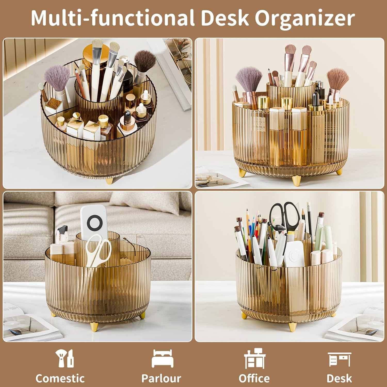 Fanado 360&deg; Rotating Makeup Organizers Countertop, 5 Slot Makeup Brush Holder Organizer for Cosmetics, Skincare Storage Beauty Holder for Eyeliner Lipstick on Bathroom Vanity(Clear Amber) - Clear Amber image number 4