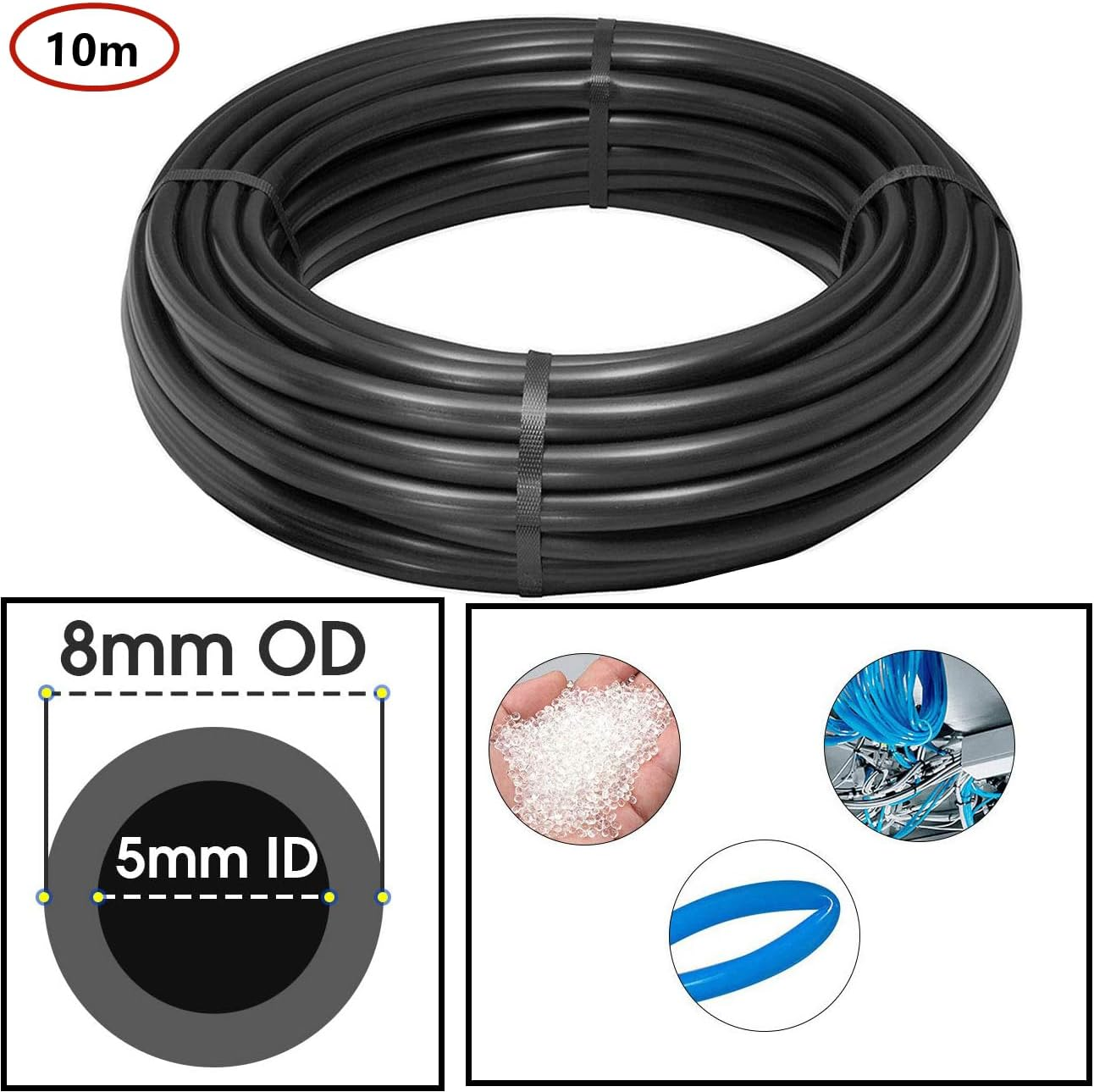 HUAZIZ 10 Metres PU Pneumatic Hose Flexible Compressed Air Hose Outdoor 8 Mm X Inner 5 Mm Black with 8 Pneumatic Connectors Air Push Quick Couplings (Y/T/L/I Shaped) image number 5