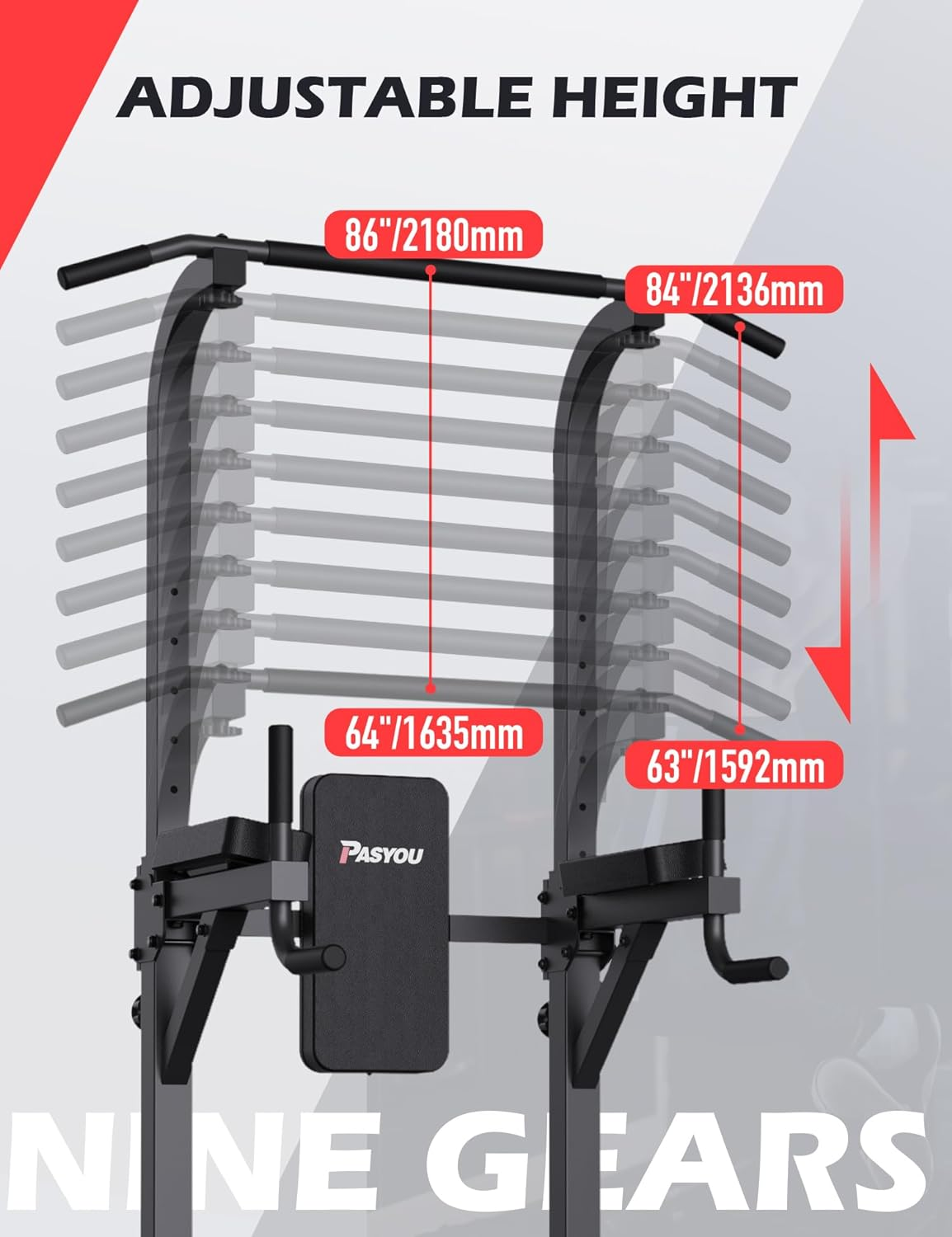 PASYOU Power Tower Pull up Bar Stand 9 Levels Adjust Workout Dip Station for Home Gym Strength Training Equipment Max Load 300KG image number 3