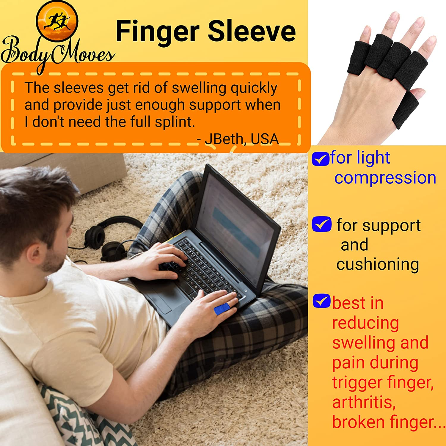 Bodymoves Finger Splint plus Sleeve (2 Pc Set, Midnight Black)