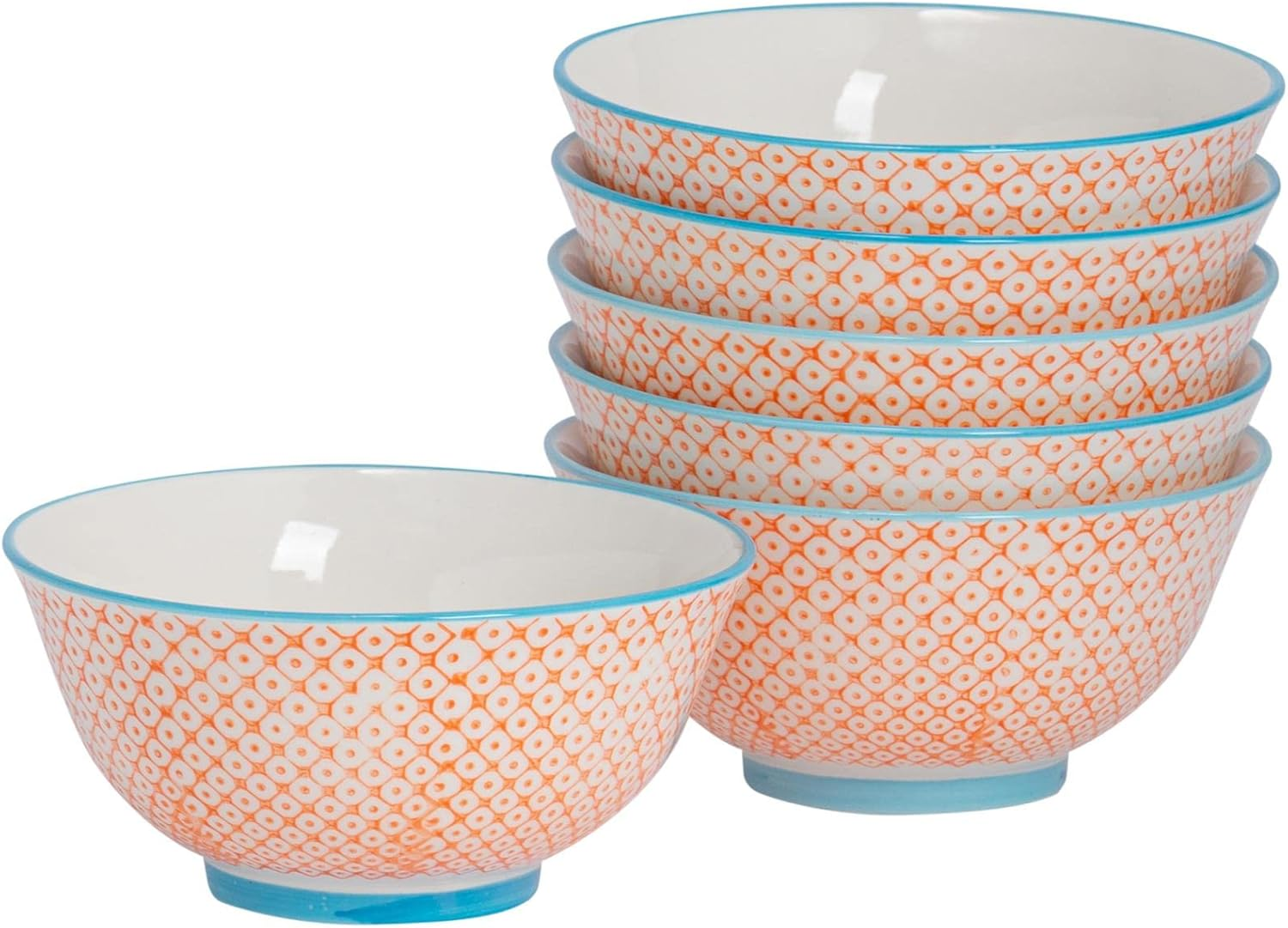 Nicola Spring Patterned Cereal Bowls - Orange - 16Cm - Pack of 6 - Hand Printed Japanese Style Porcelain Serving Bowls for Dessert, Pasta, Cereal, Salad, Noodles, Soup