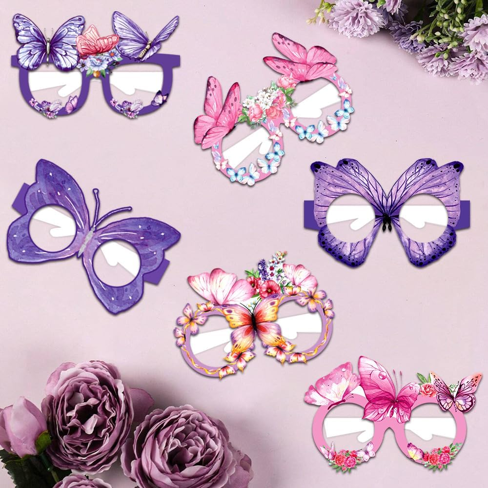 Butterfly Paper Glasses Party Decorations, Photography Props, 12 Pack, Pink and Purple image number 4