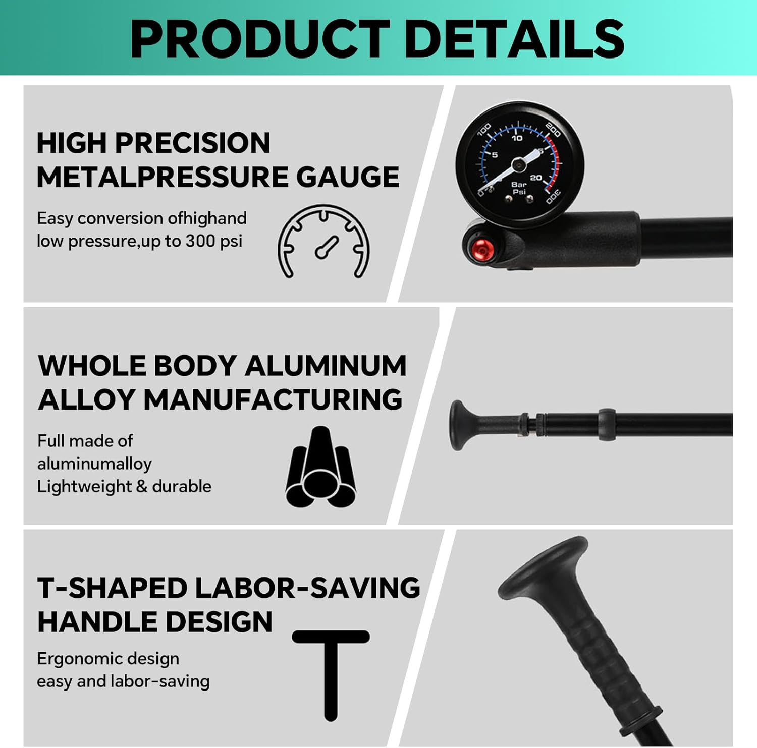 High Pressure Shock Pump - 300 PSI Portable Bike Suspension Pump with Accurate Gauge, No-Loss Schrader Valve, Air Bleed Button Aluminum Fork Rear Shock Air Pump for Mountain, Road Bikes Motorcycles image number 5