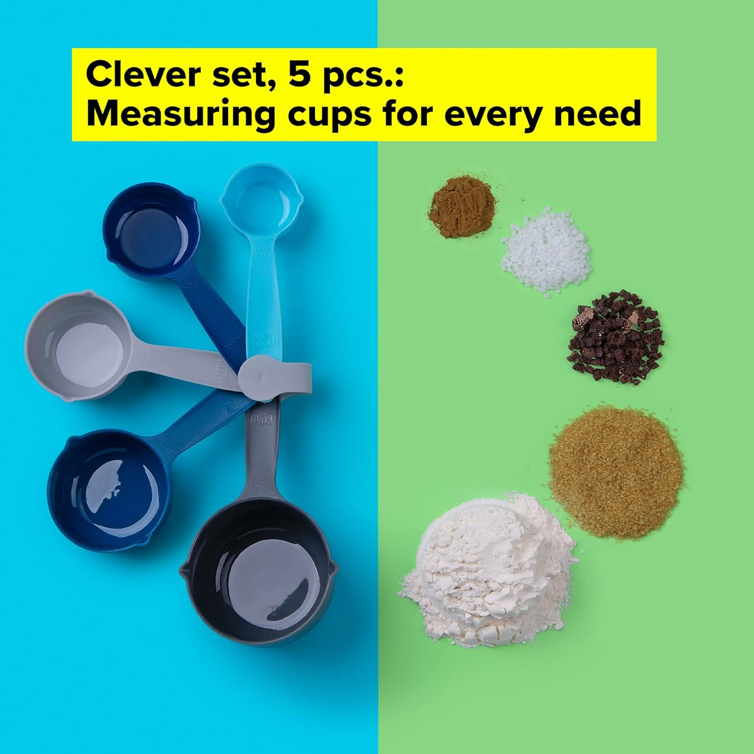 Tasty 5-Piece Measuring Cups Set for Baking, Nesting Plastic Cups, Light Blue, Blue, Grey - 1/8, 1/4, 1/3, 1/2, 1 Cup - Blue/Grey image number 4