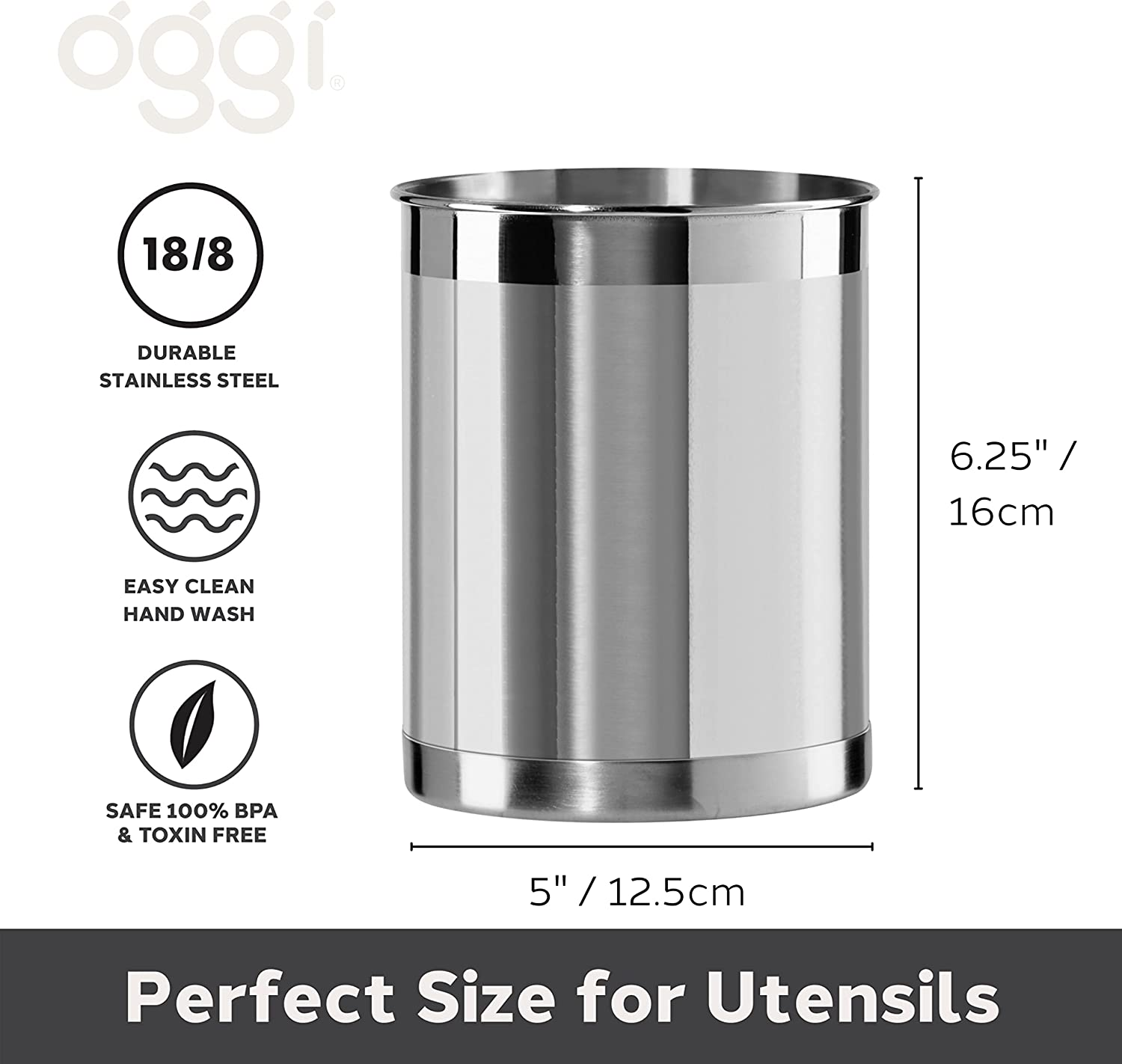 Oggi Stainless Steel Utensil Holder - 5" Diameter, Utensil Caddy, Weighted Base for Stability - Larger-Sized Utensil Crock and Countertop Utensil Organizer, Stainless Steel image number 4