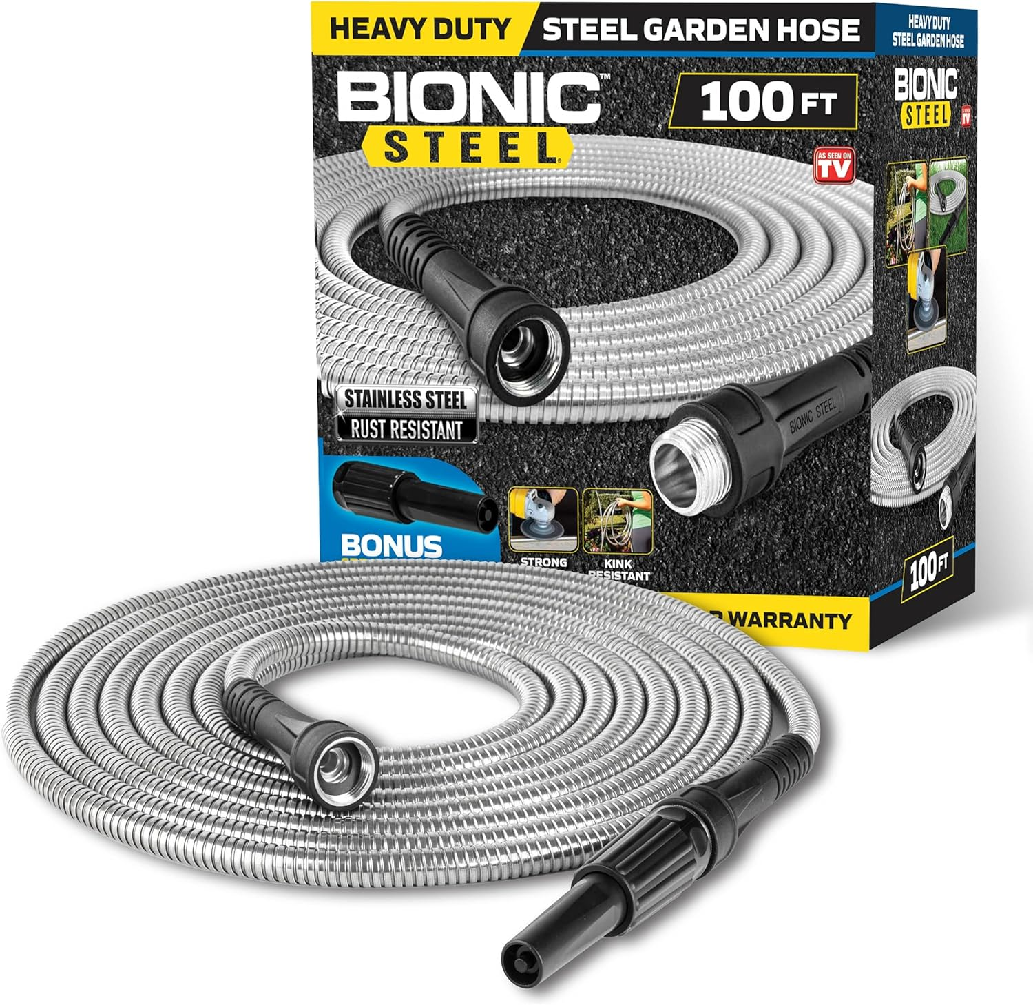 Bionic Steel 100 Ft Garden Hose with Nozzle, 304 Stainless Steel Metal Water Hose 100Ft Long, NON Expandable Flexible Rust Proof Lightweight Heavy Duty, 3/4" Crush Resistant Fittings, Non Kink,500 PSI image number 4