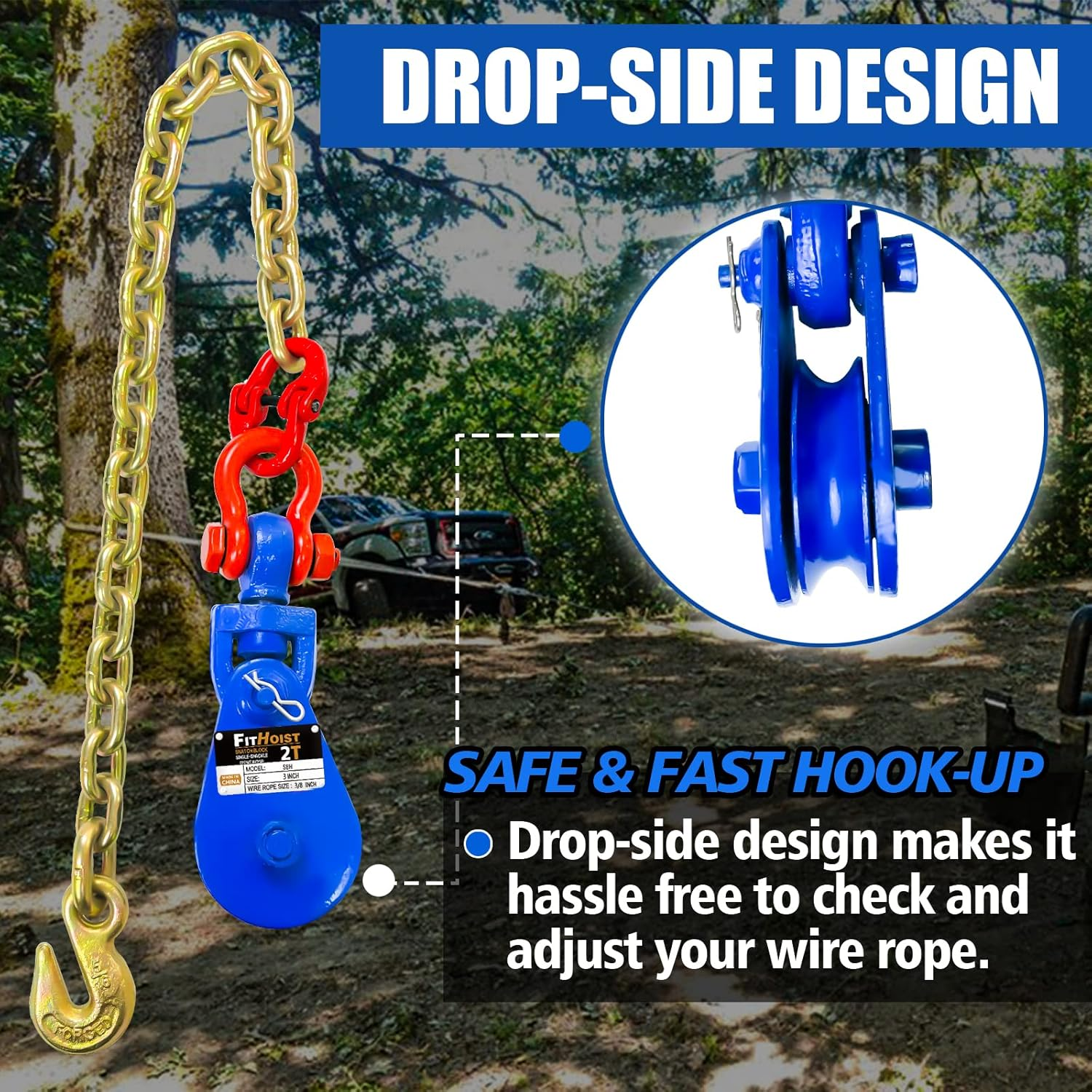 FITHOIST 2 Tons Snatch Block with G80 Chain | 3" Sheave for 3/8" Inch Wire Rope | High Strength Snatch Blocks for Towing and Recovery Applications | Tow Truck Rollback Wrecker Car Hauler Winch image number 4