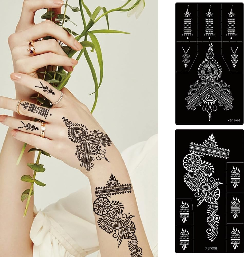 XMASIR 16 Sheets Temporary Tattoo Kit, Reusable Tattoo Stencils Sets Indian Arabian Flower Tattoo Templates for Women Girls Body Hand Art image number 4