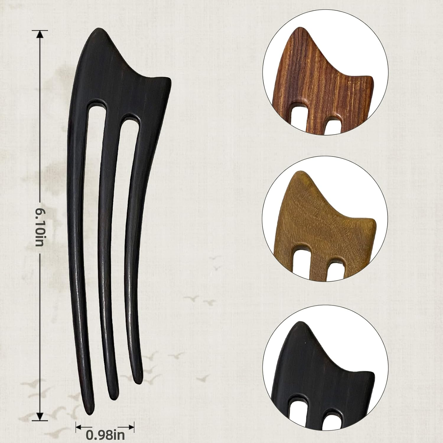 CHOISBEING Wooden French Hair Fork Handmade 3-Prong Hair Stick for Women Ebony Hair Chopsticks for Buns Chignon Hair Pins Accessory (1-Ebony) - 1-Ebony image number 2