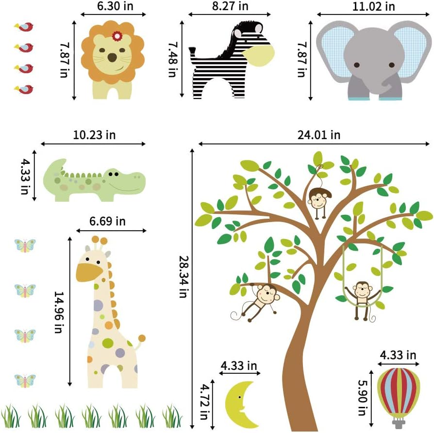 Supzone Jungle Animal Wall Stickers Monkey Tree Wall Decals Elephant Giraffe Zebra Vinyl Forest Animal Wall Stickers DIY Removable Home Decoration Baby Nursery Girl Boy Kids Room Wall Decor image number 6