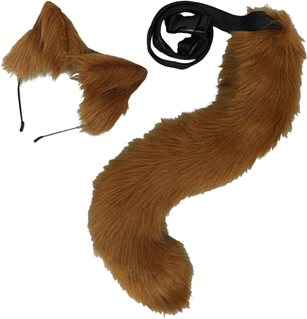 Faux Fur Animal Fox Ears Headband & Tail Costume Kit Hair Hoop for Party Halloween Fancy Dress Cosplay Unisex Kids, Brown