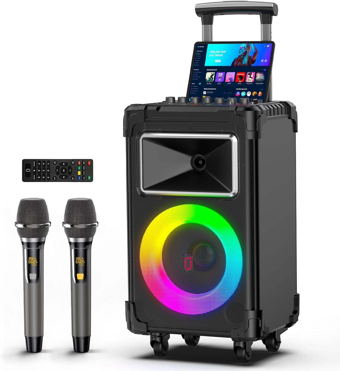JYX Karaoke Machine with 2 Wireless Microphones for Adults, 10" Subwoofer Portable Bluetooth Karaoke Speaker with Party Lights & Bass/Treble/Echo Adjustment, Supports TWS/USB/TF Card/Aux/Rec image number 2