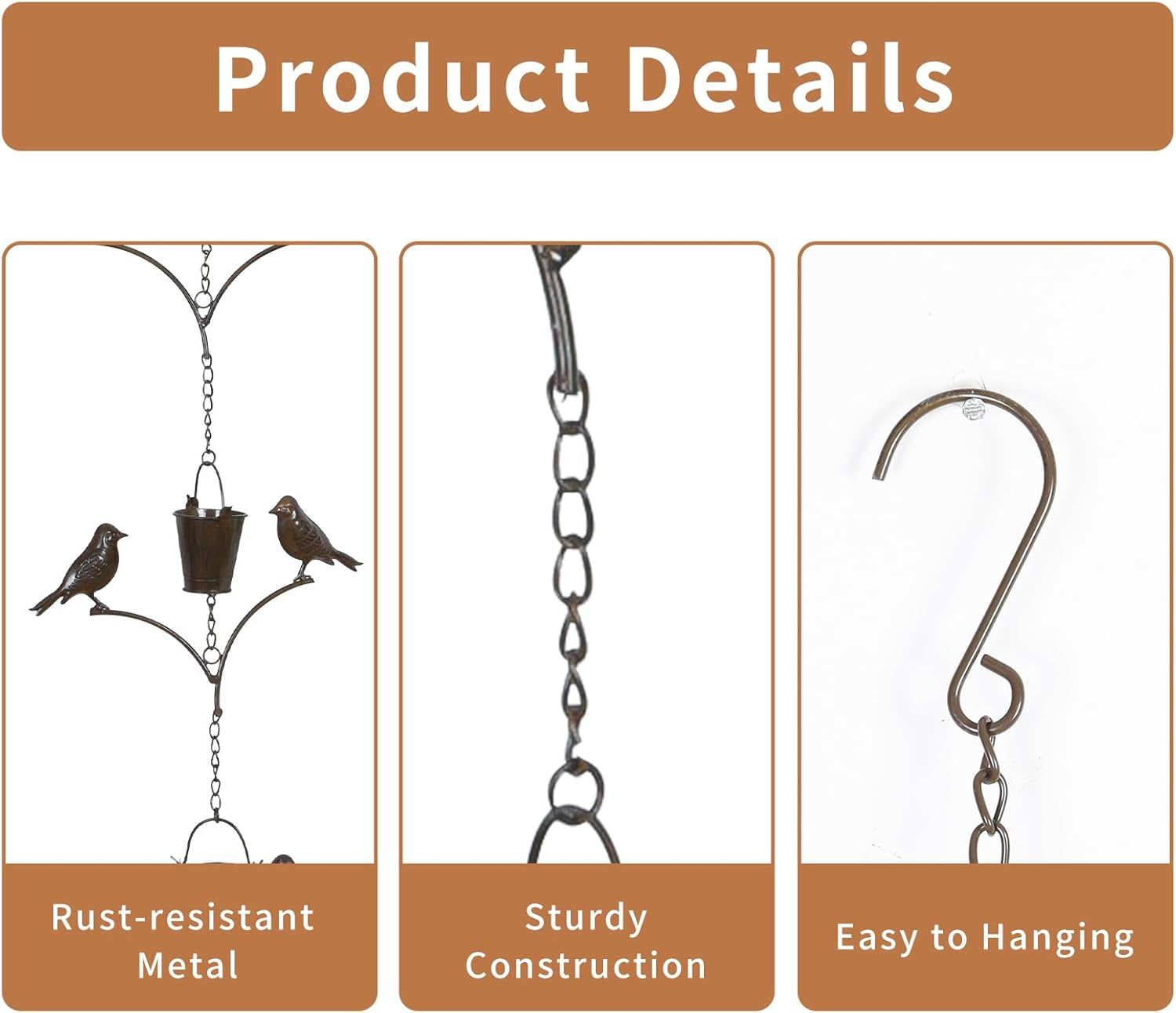 Topadorn Rain Chain Outdoor Decoration 6.3 FT, Rain Catcher Metal Chain Gutter Downspout 76'' for House Eaves, Garden & Patio, Birds & Buckets image number 4