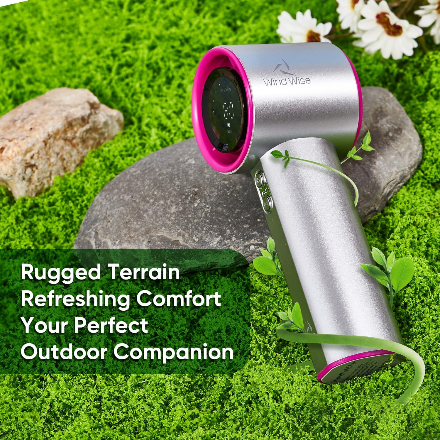 Wind Wise Portable Rechargeable Fan with Digital Display, Adventure Travel Outdoor (Grey) image number 1