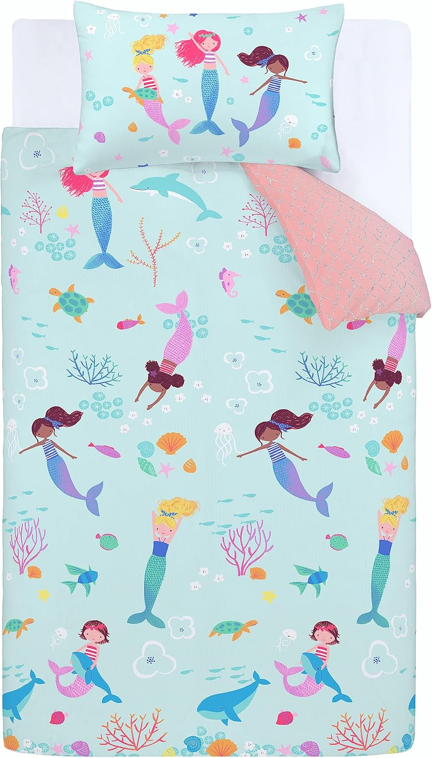 Catherine Lansfield Mermaid Reversible Single Duvet Cover Set with Pillowcase Blue