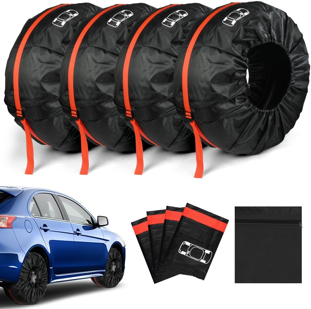 Adiwo Car Spare Tire Covers 4 Pack, 13-18 in Tyre Bag Set, Diameter 66Cm Wheel Protection Cover, Tyre Bags with Handle, Waterproof Dustproof Auto Spare Tires Storage Bags for Car UV SUV Truck, S image number 1